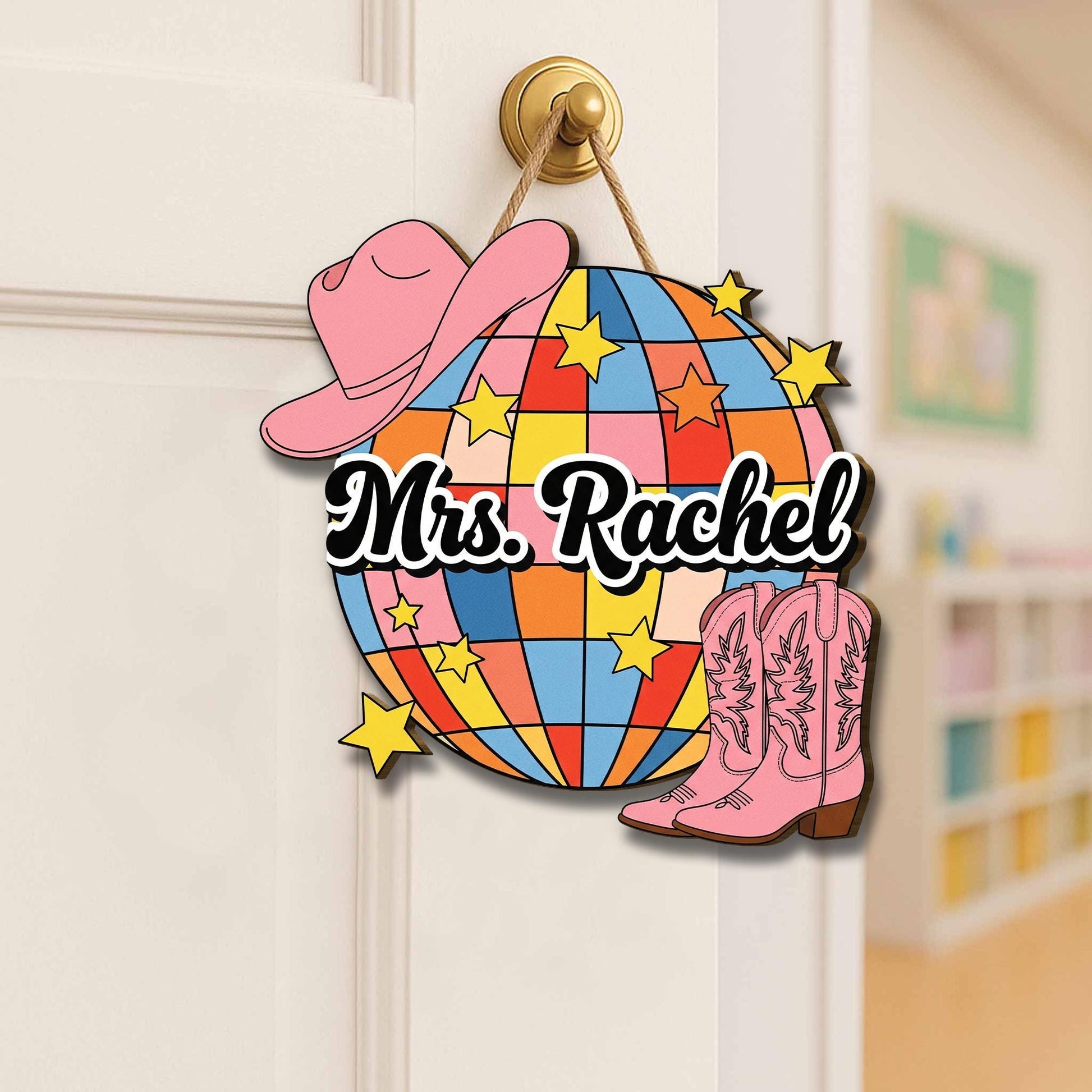 Personalized Disco Cowgirl Door Sign – Western Classroom Decor with Boots & Hat, Custom Teacher Name Sign, Western Cowboy Style School Decor