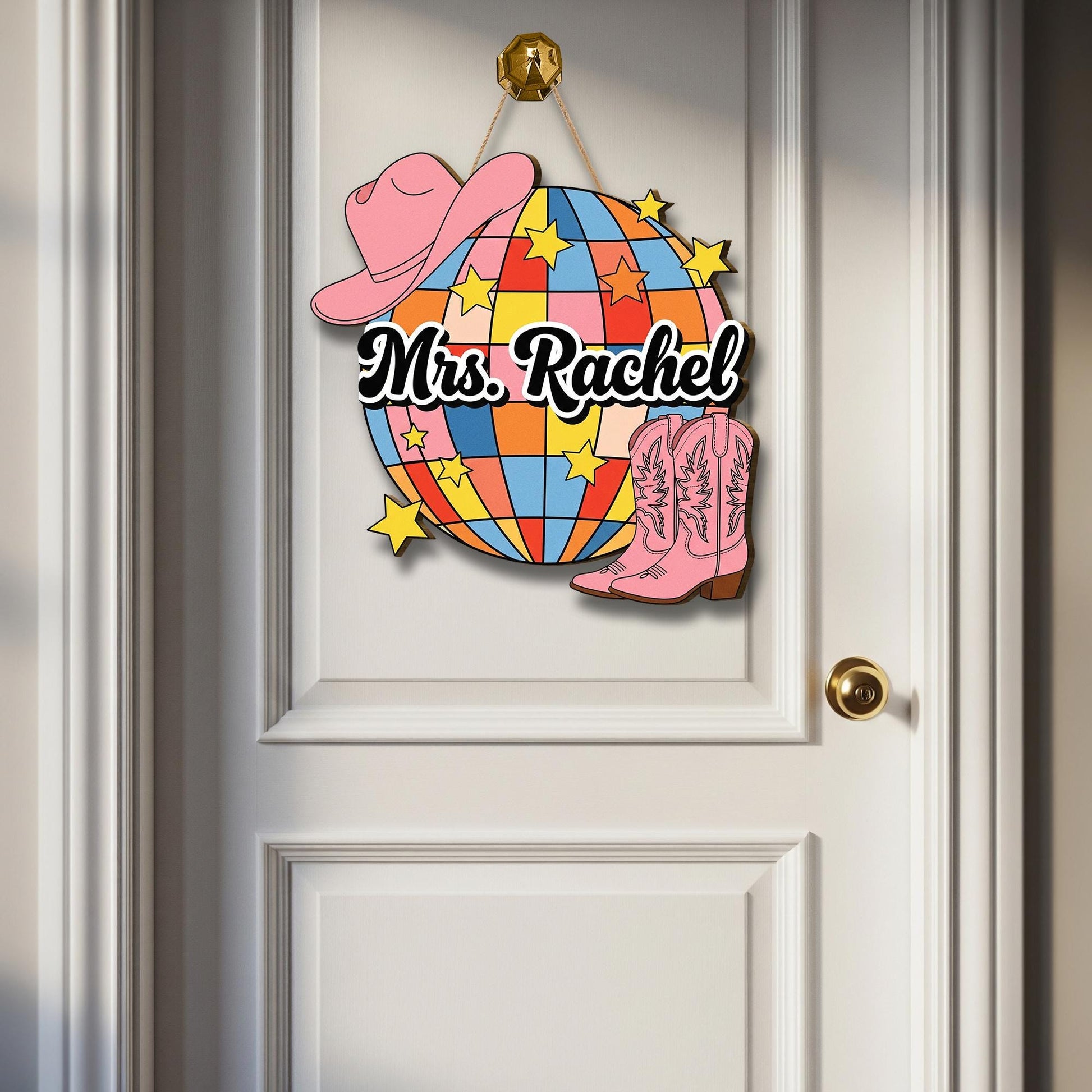 Personalized Disco Cowgirl Door Sign – Western Classroom Decor with Boots & Hat, Custom Teacher Name Sign, Western Cowboy Style School Decor