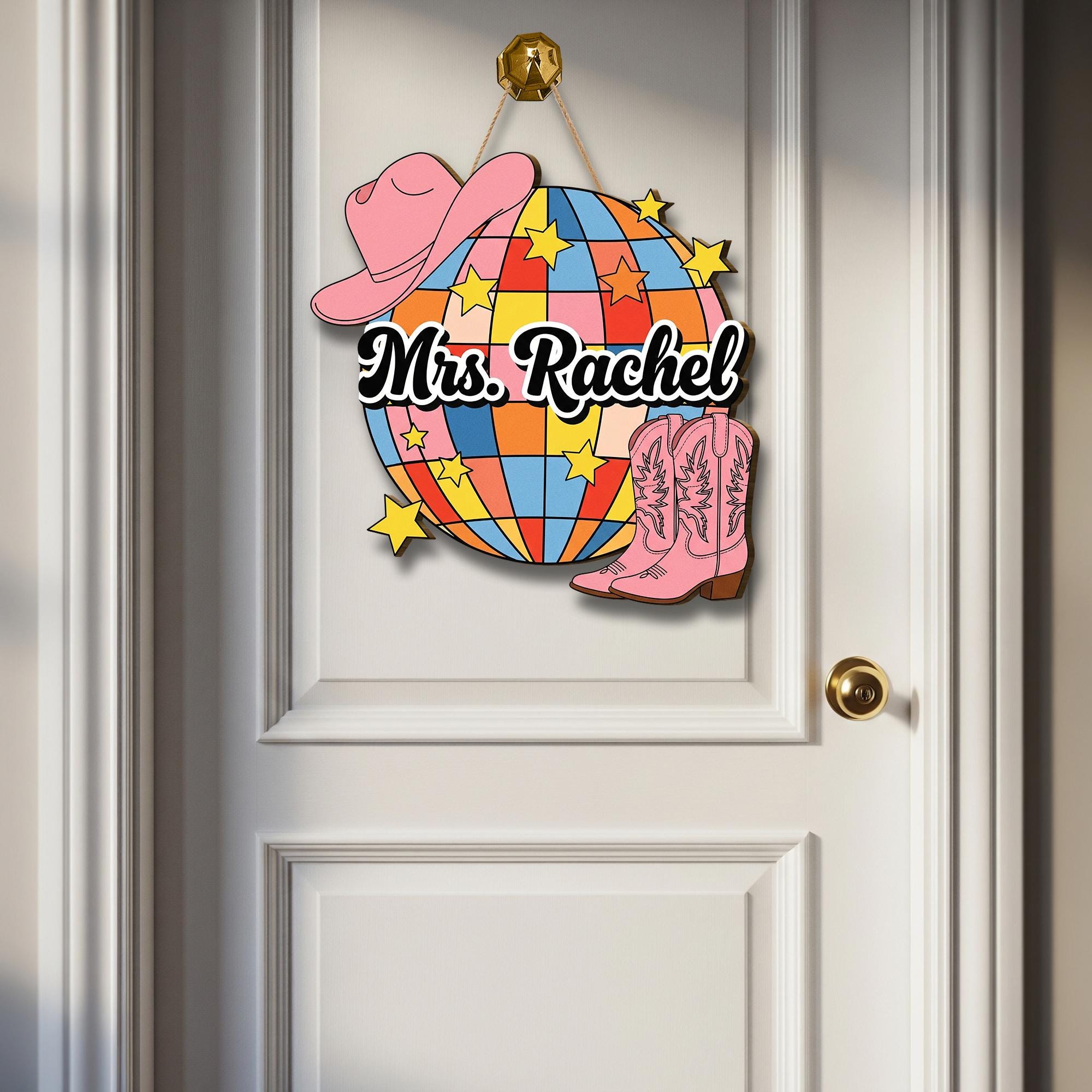Personalized Disco Cowgirl Door Sign – Western Classroom Decor with Boots & Hat, Custom Teacher Name Sign, Western Cowboy Style School Decor