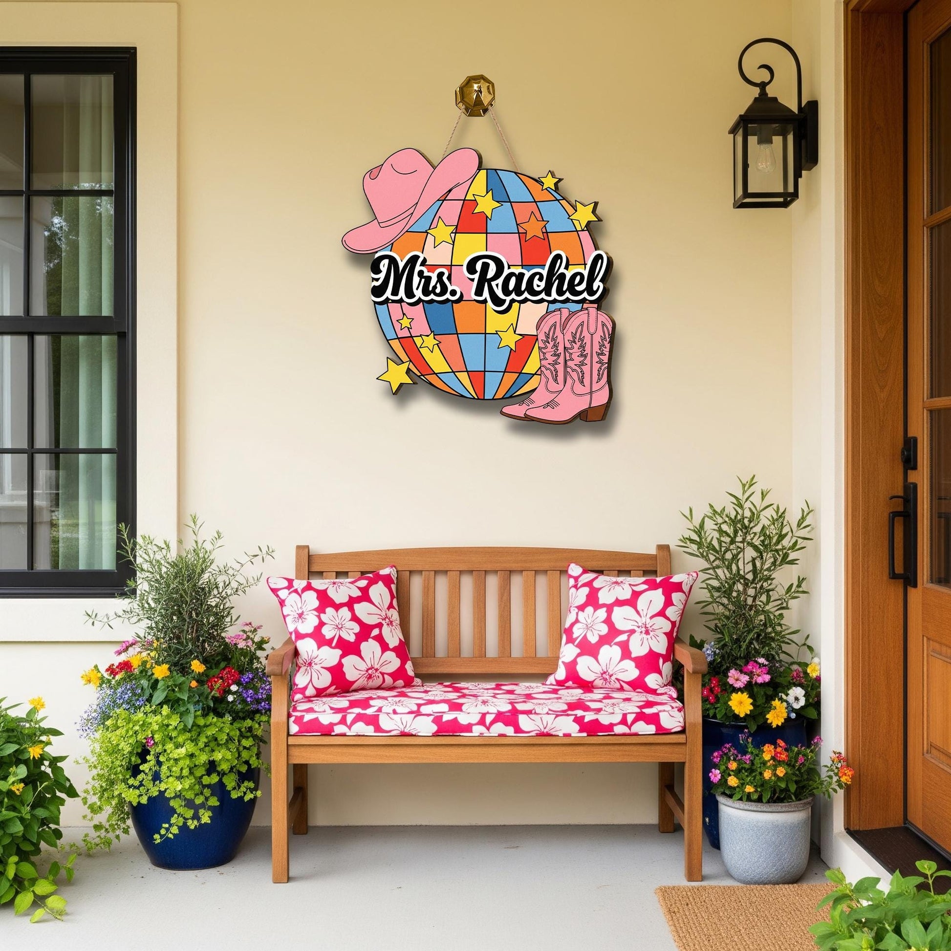 Personalized Disco Cowgirl Door Sign – Western Classroom Decor with Boots & Hat, Custom Teacher Name Sign, Western Cowboy Style School Decor