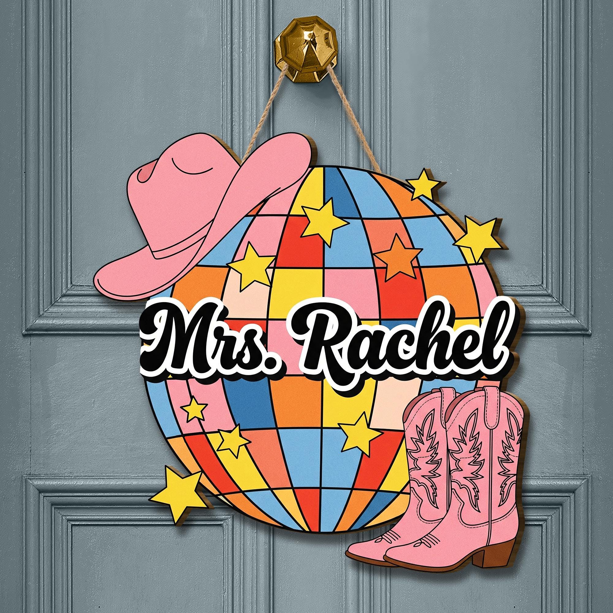 Personalized Disco Cowgirl Door Sign – Western Classroom Decor with Boots & Hat, Custom Teacher Name Sign, Western Cowboy Style School Decor