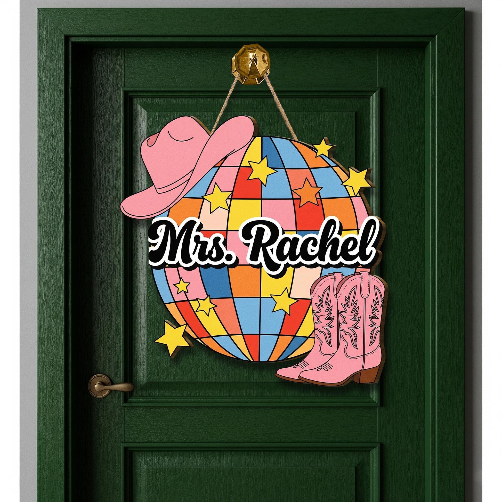 Personalized Disco Cowgirl Door Sign – Western Classroom Decor with Boots & Hat, Custom Teacher Name Sign, Western Cowboy Style School Decor