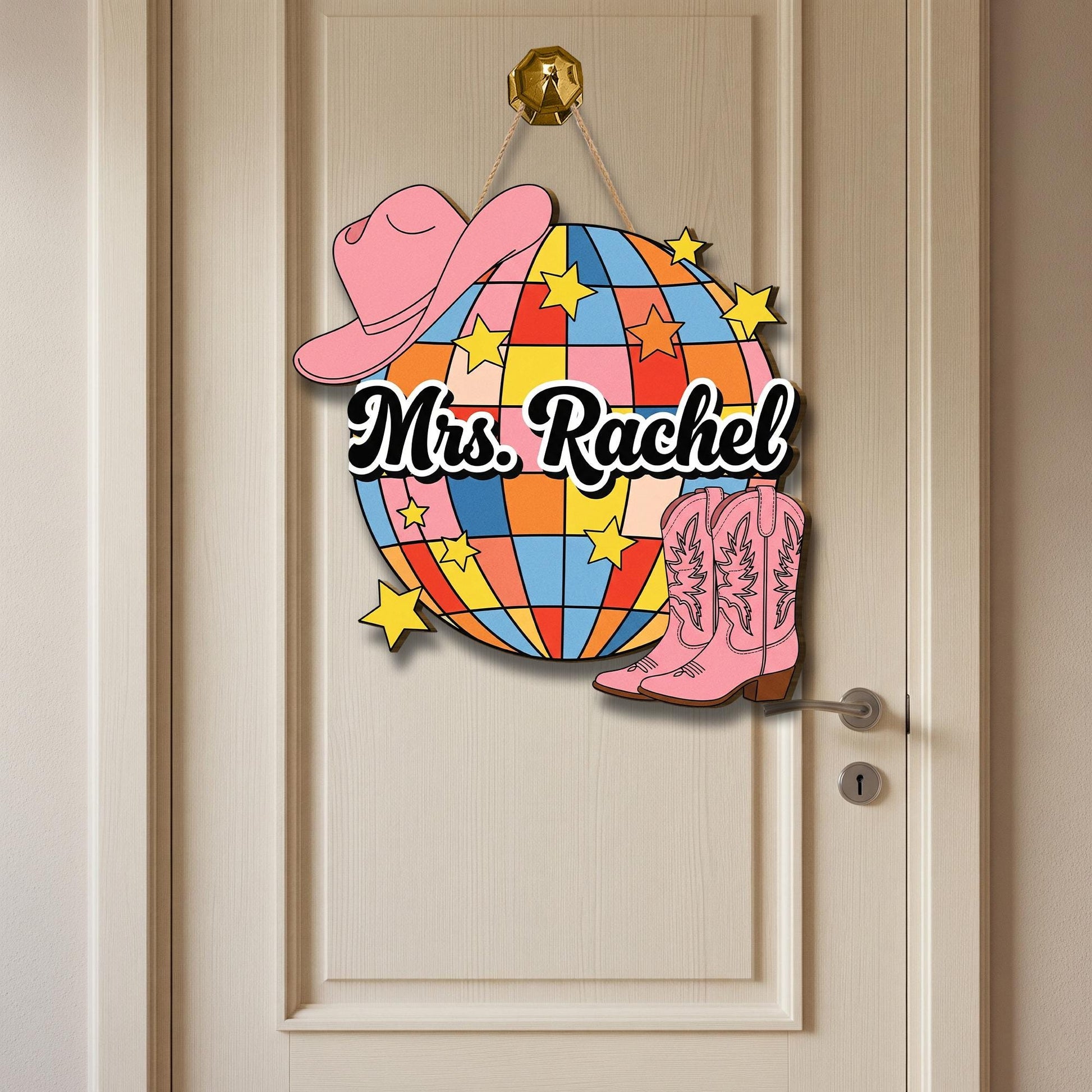 Personalized Disco Cowgirl Door Sign – Western Classroom Decor with Boots & Hat, Custom Teacher Name Sign, Western Cowboy Style School Decor
