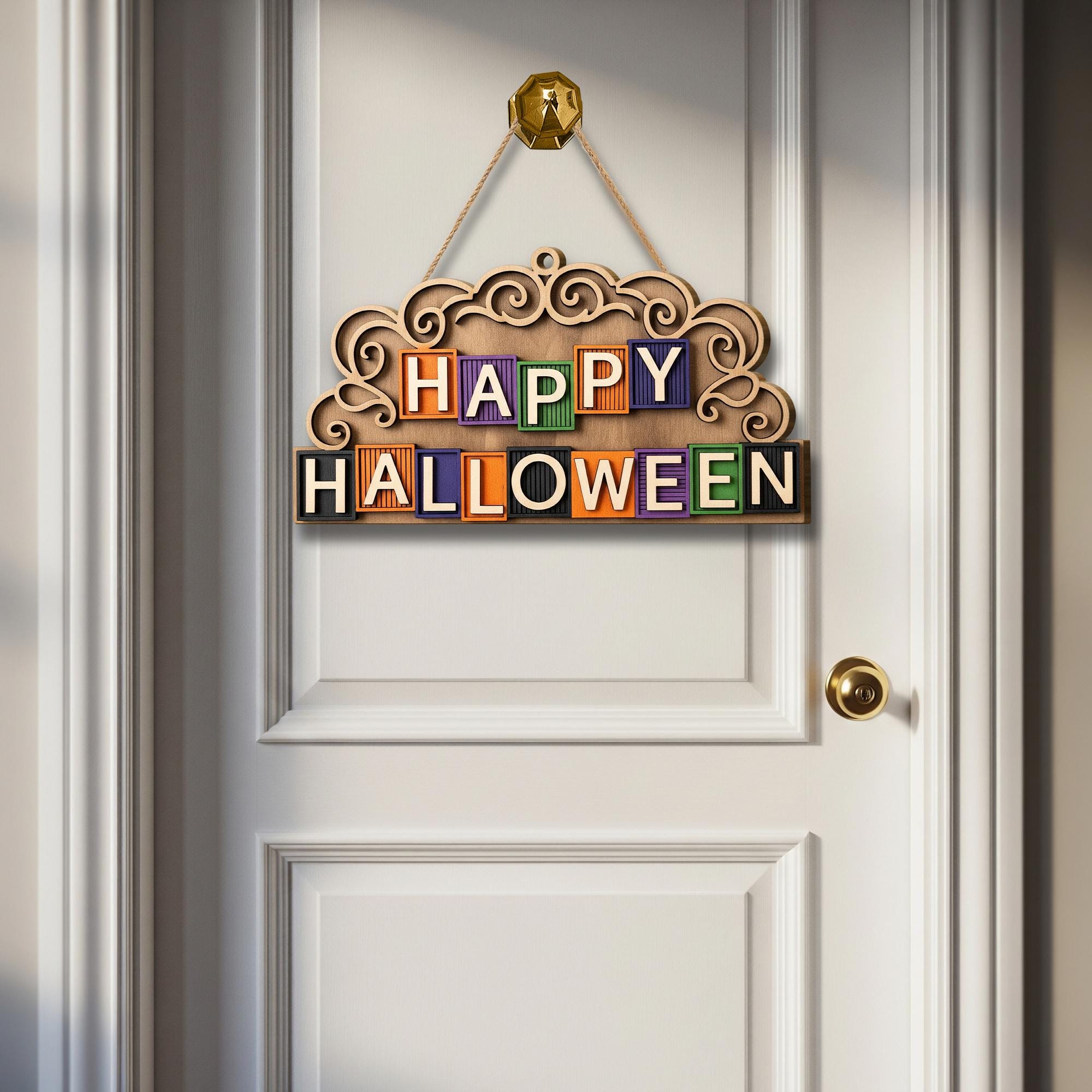 Happy Halloween Wooden Door Sign – Colorful Block Letter Halloween Porch Decor, Rustic Fall Wall Hanging, Spooky Front Door Decoration