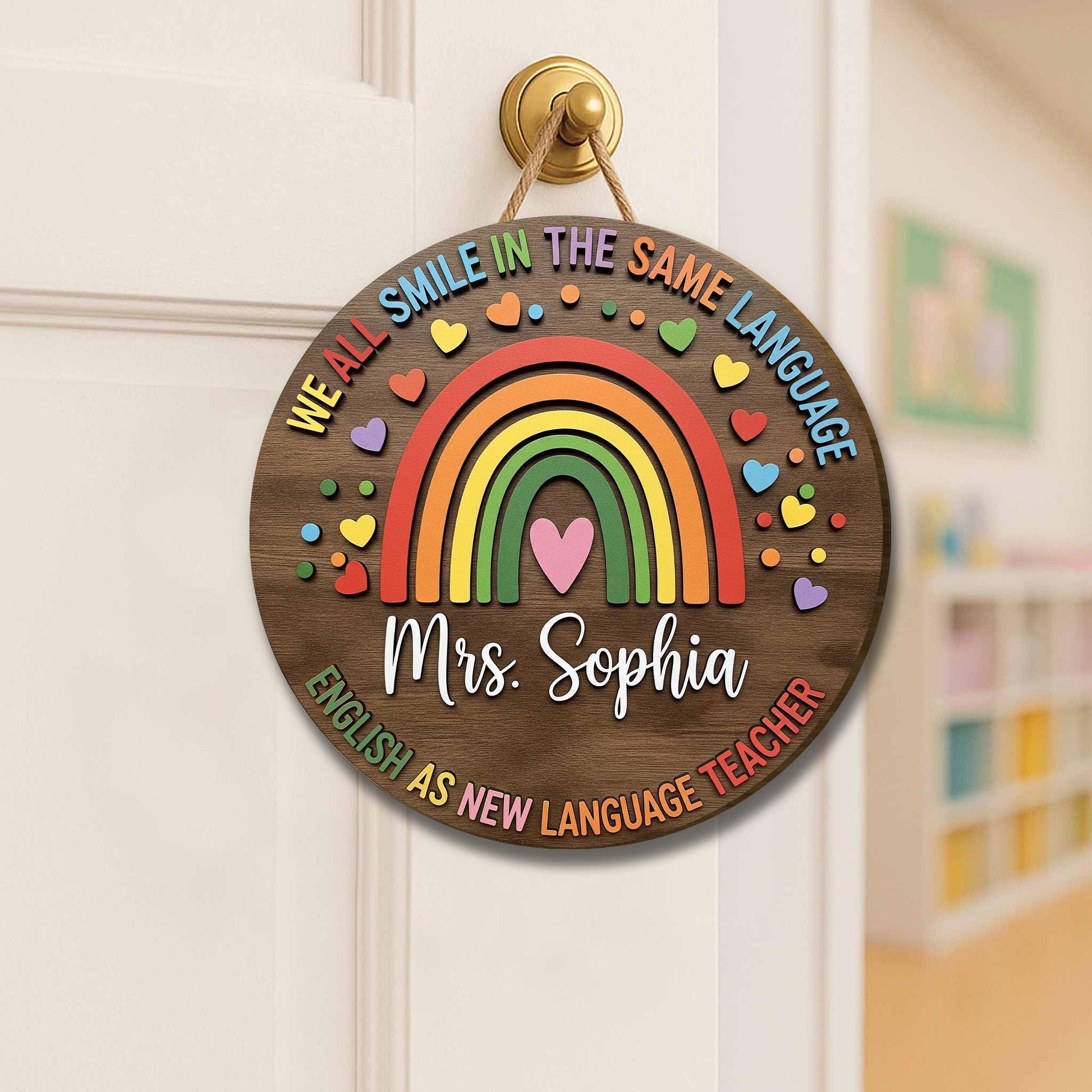 Personalized ENL Teacher Door Sign - Rainbow Classroom Decor - We All Smile in the Same Language - Back to School Gift, ESL Classroom Decor