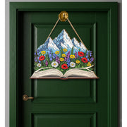 Mountain Book Wooden Door Sign – Floral Nature-Inspired Wall Art, Book Lover Gift, Wildflower Reader Decor, Adventure Home Hanging