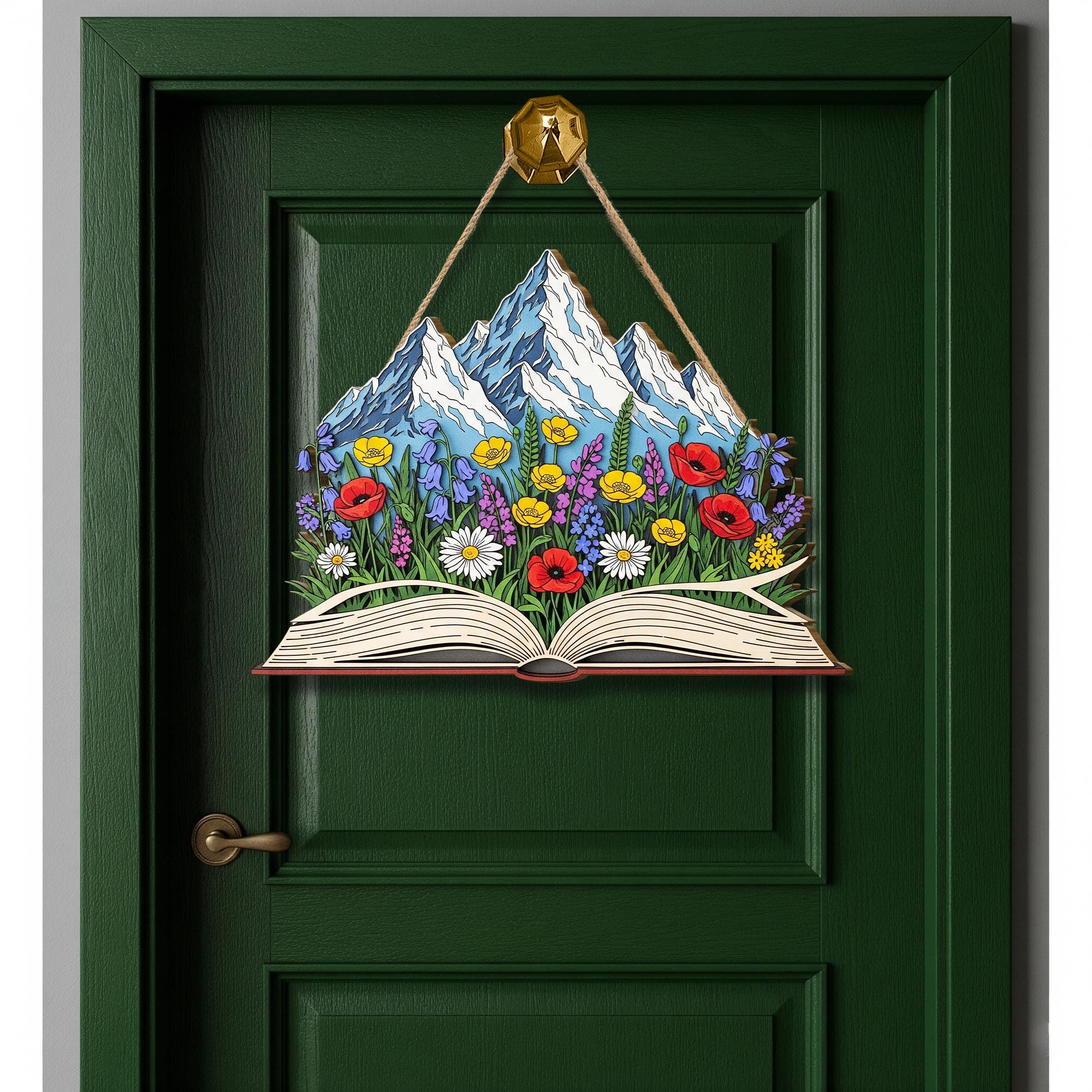 Mountain Book Wooden Door Sign – Floral Nature-Inspired Wall Art, Book Lover Gift, Wildflower Reader Decor, Adventure Home Hanging