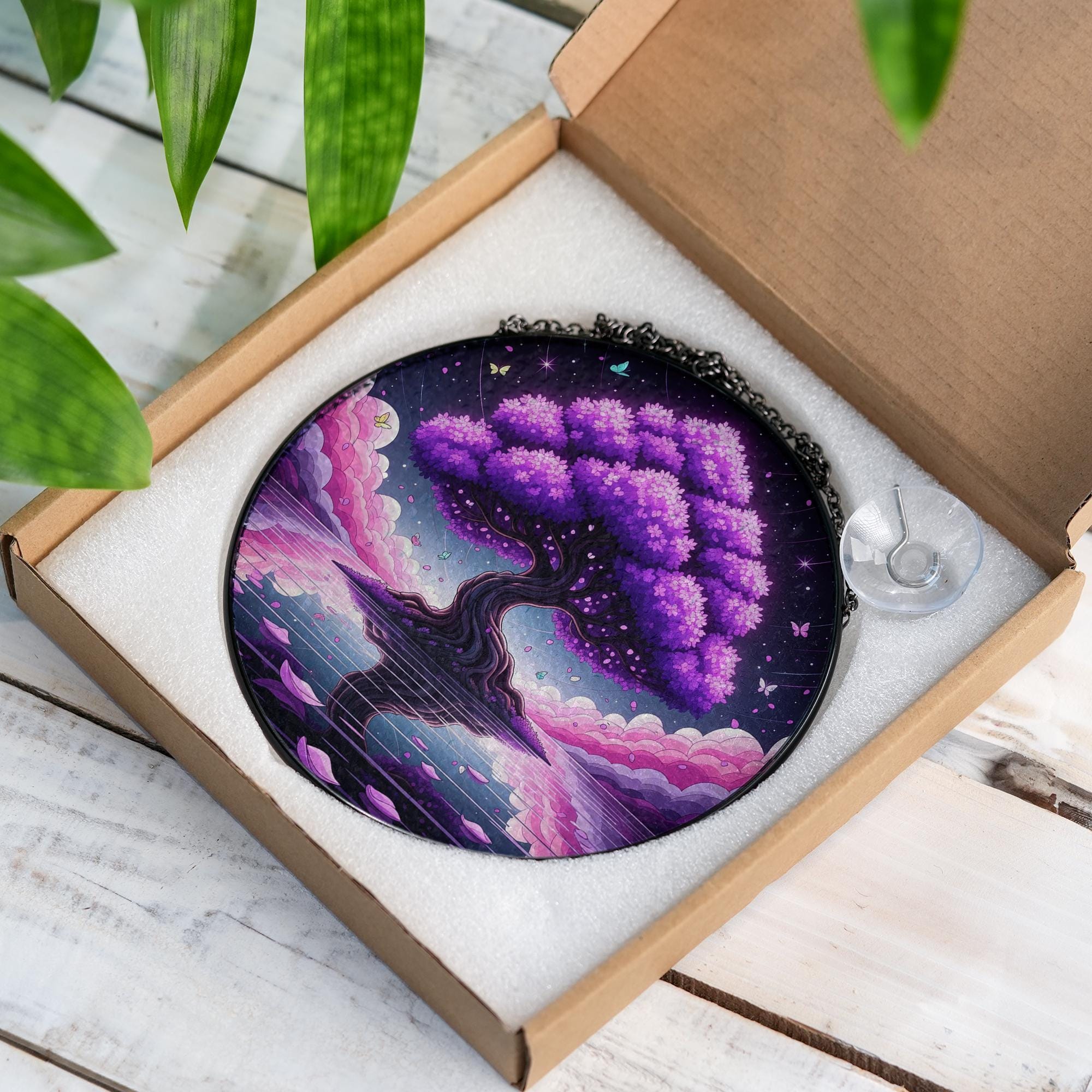 Magnificent Ancient Tree Suncatcher – Faux Stained Glass Window Hanging, Mystical Nature Decor, Round Dreamy Sun Catcher for Home or Gift