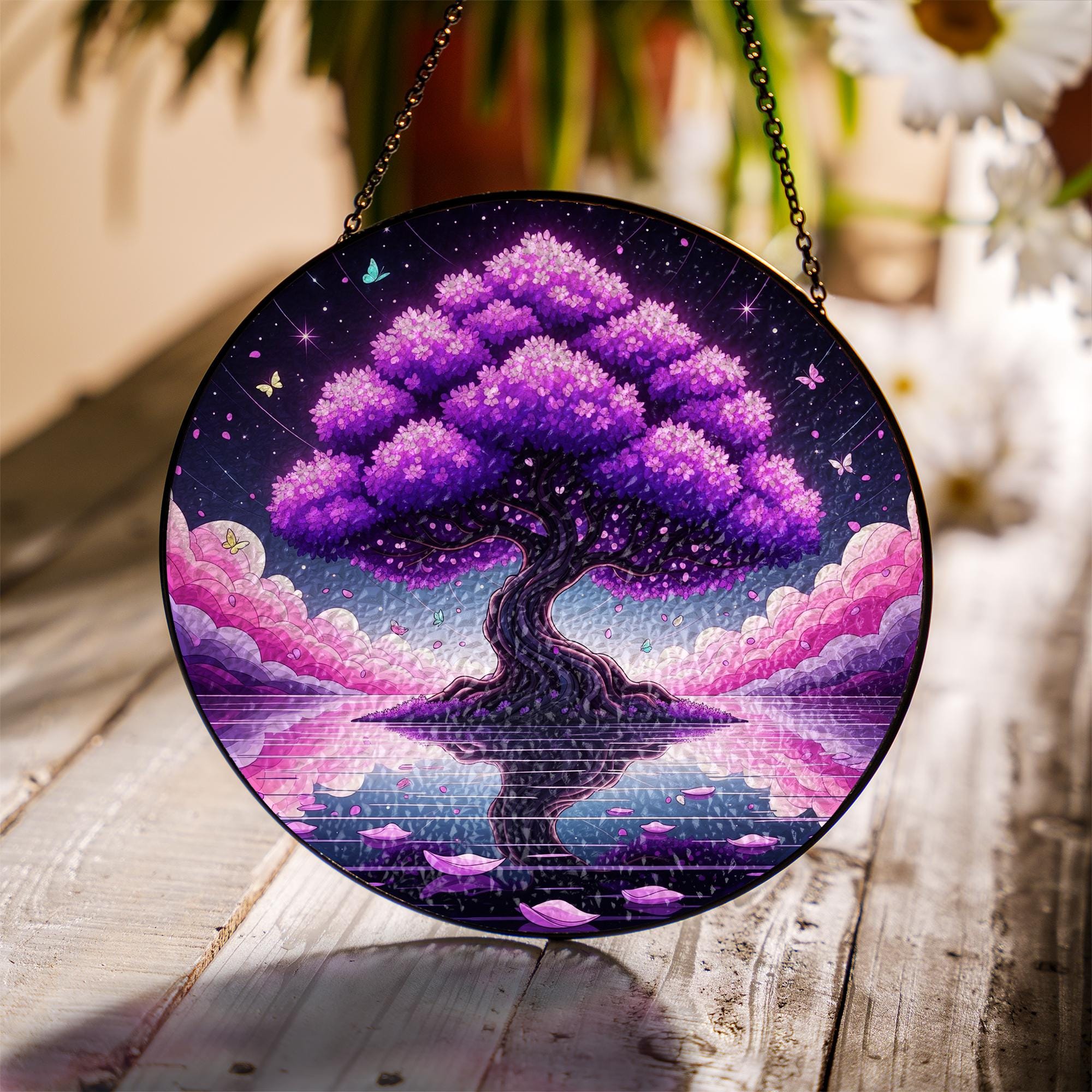 Magnificent Ancient Tree Suncatcher – Faux Stained Glass Window Hanging, Mystical Nature Decor, Round Dreamy Sun Catcher for Home or Gift