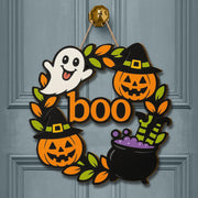 Halloween Boo Door Sign, Wooden Ghost Pumpkin Witch Decor, Fall Front Door Hanger, Cute Spooky Welcome Wreath for Halloween