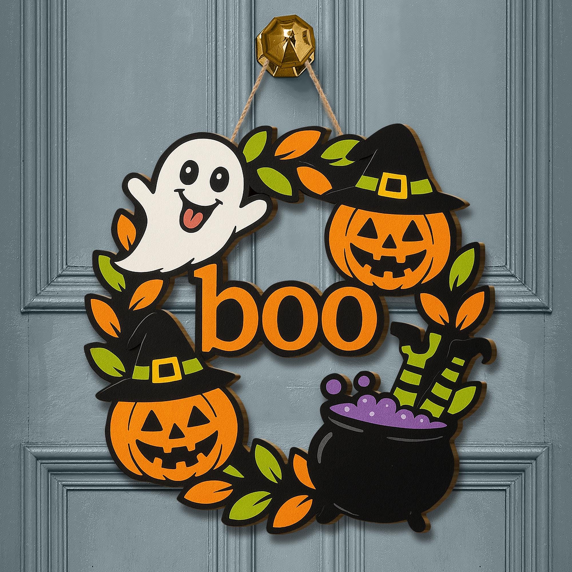 Halloween Boo Door Sign, Wooden Ghost Pumpkin Witch Decor, Fall Front Door Hanger, Cute Spooky Welcome Wreath for Halloween