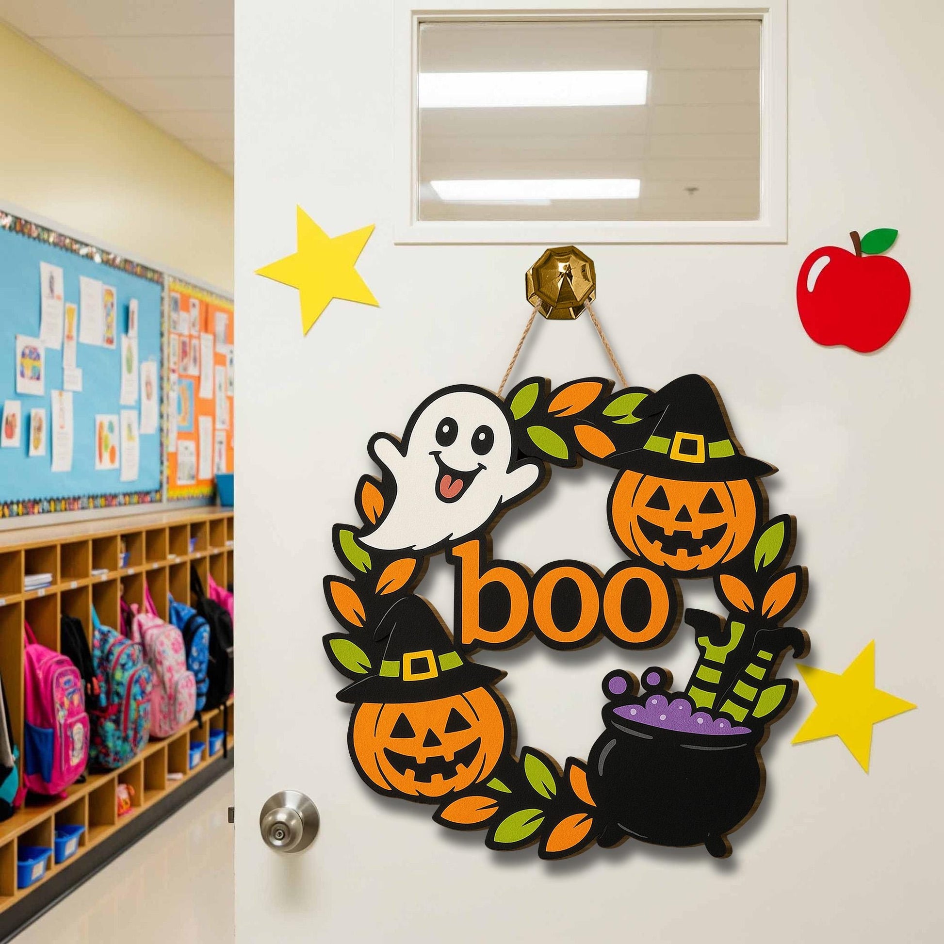 Halloween Boo Door Sign, Wooden Ghost Pumpkin Witch Decor, Fall Front Door Hanger, Cute Spooky Welcome Wreath for Halloween