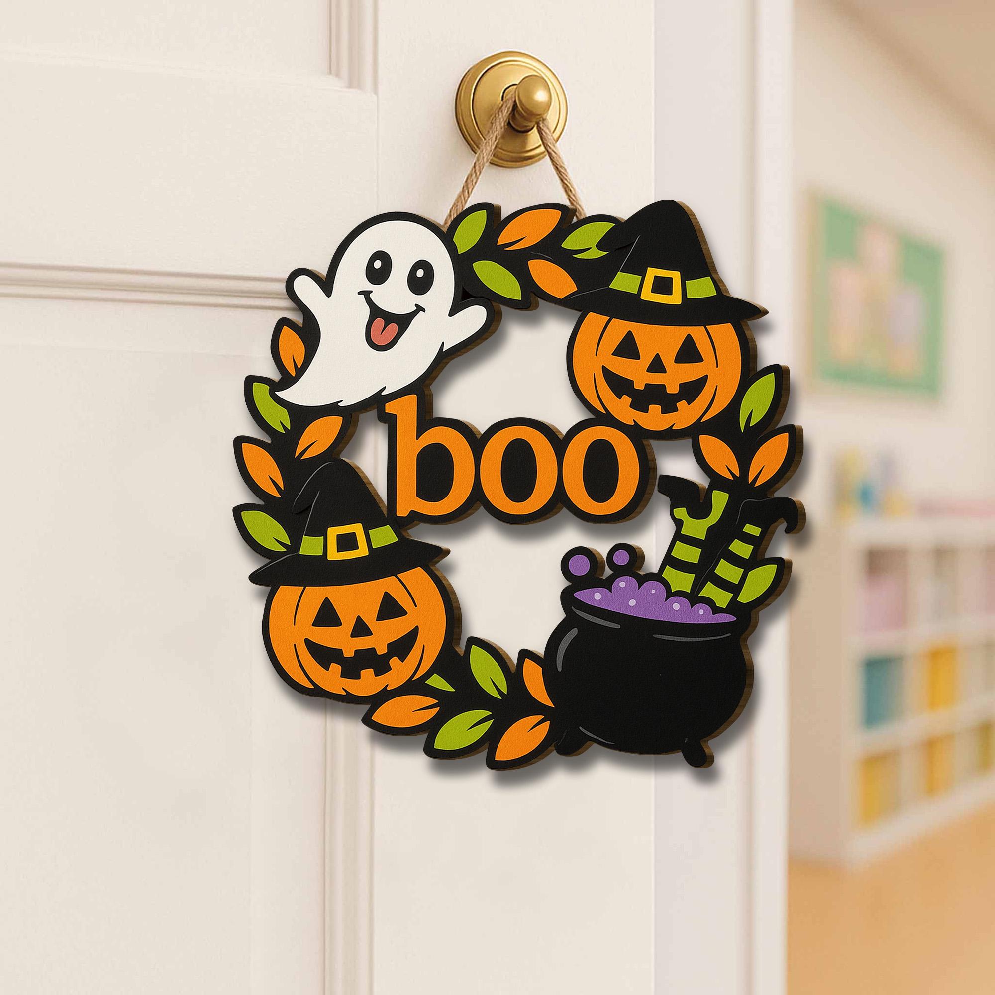Halloween Boo Door Sign, Wooden Ghost Pumpkin Witch Decor, Fall Front Door Hanger, Cute Spooky Welcome Wreath for Halloween