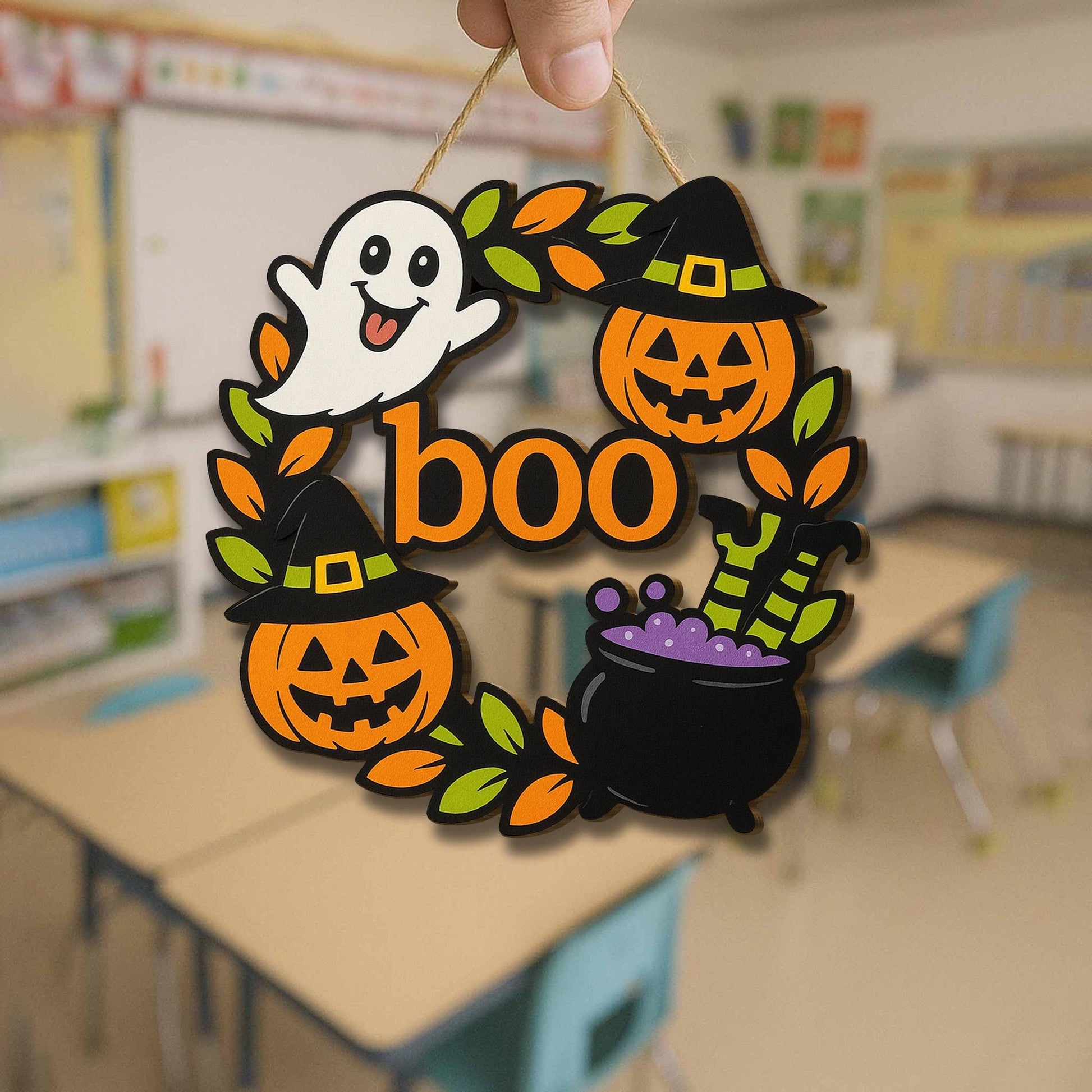 Halloween Boo Door Sign, Wooden Ghost Pumpkin Witch Decor, Fall Front Door Hanger, Cute Spooky Welcome Wreath for Halloween