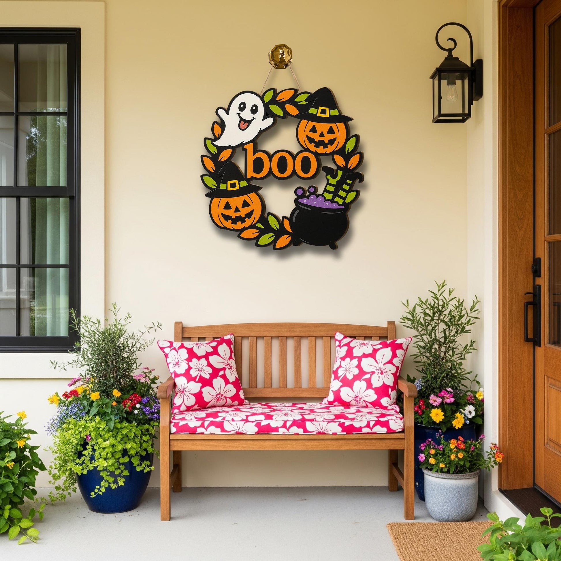Halloween Boo Door Sign, Wooden Ghost Pumpkin Witch Decor, Fall Front Door Hanger, Cute Spooky Welcome Wreath for Halloween