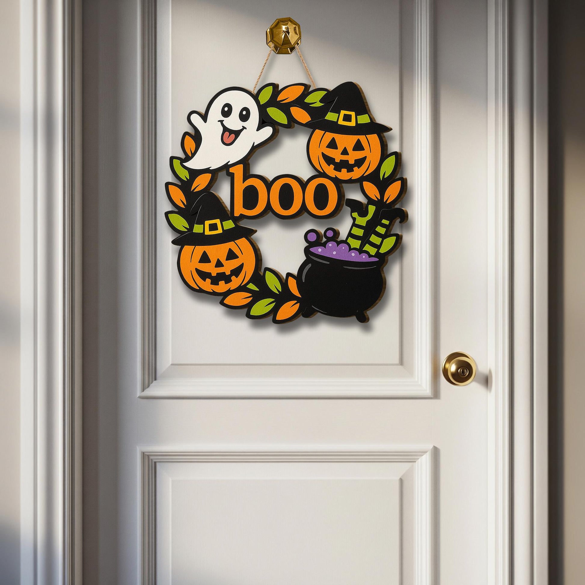 Halloween Boo Door Sign, Wooden Ghost Pumpkin Witch Decor, Fall Front Door Hanger, Cute Spooky Welcome Wreath for Halloween