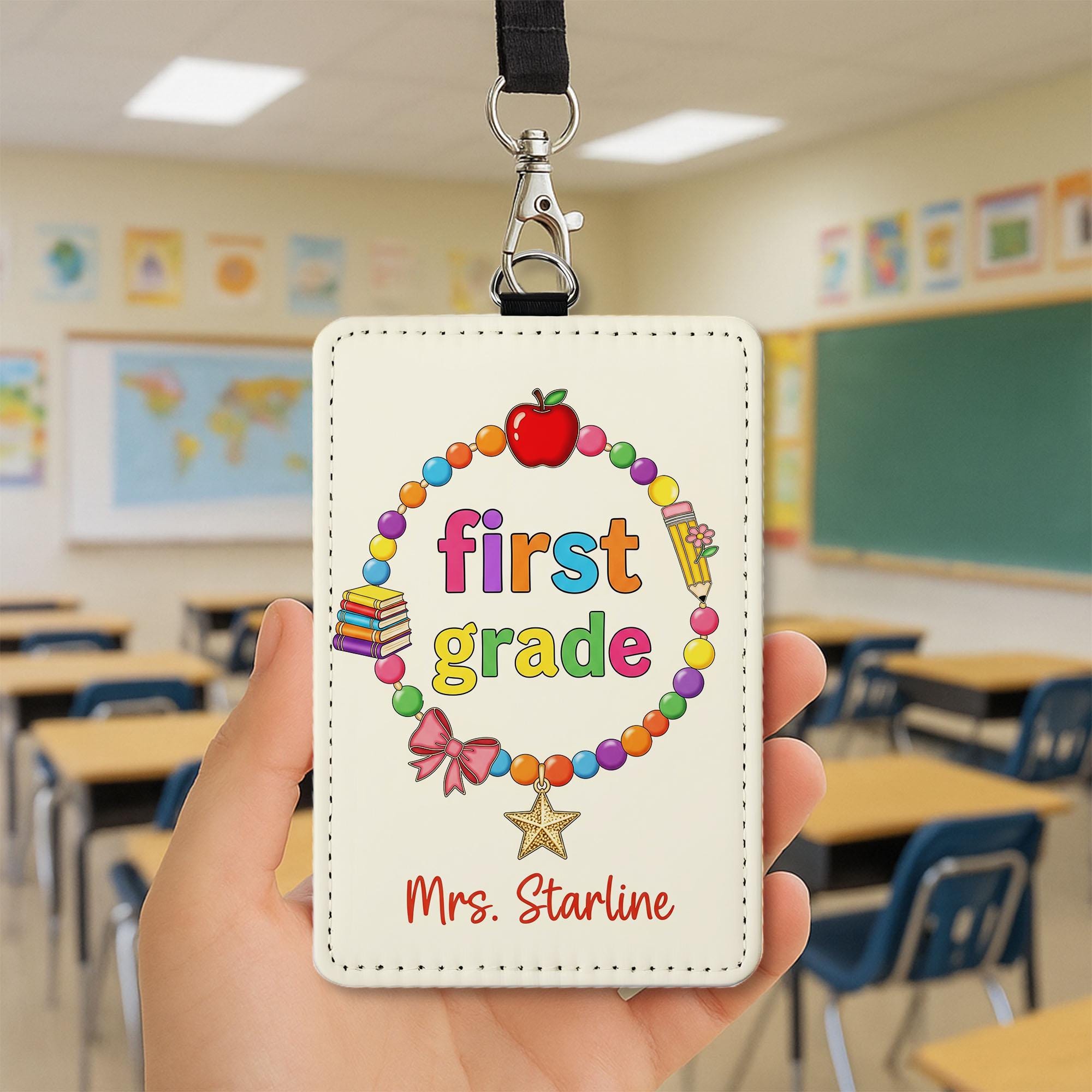 Custom First Grade Teacher Badge Holder – Personalized ID Card with Name, Cute Lanyard Accessory for Back to School, Gift for Educators