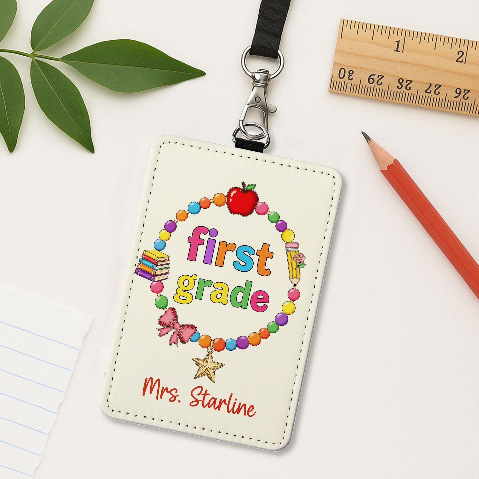 Custom First Grade Teacher Badge Holder – Personalized ID Card with Name, Cute Lanyard Accessory for Back to School, Gift for Educators
