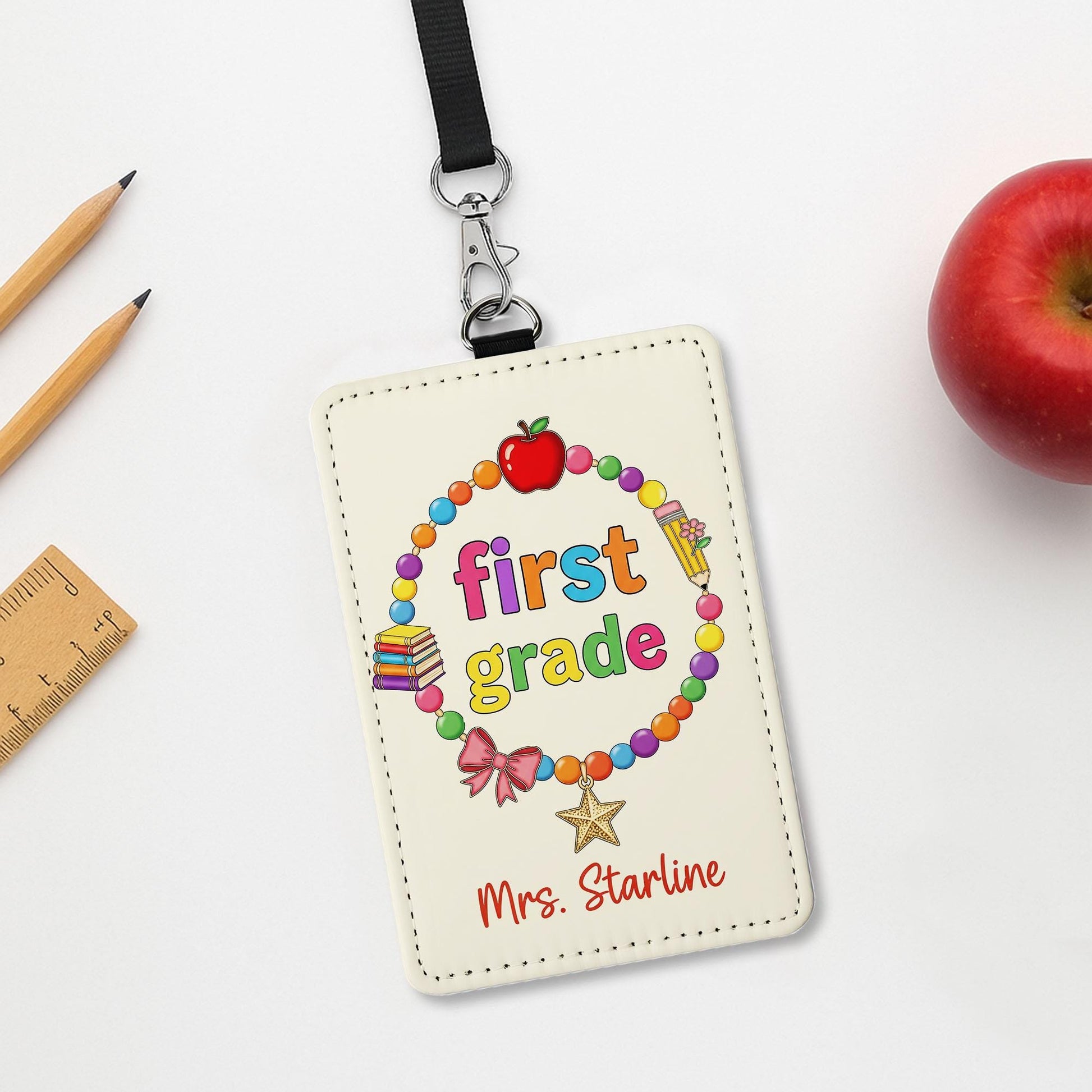 Custom First Grade Teacher Badge Holder – Personalized ID Card with Name, Cute Lanyard Accessory for Back to School, Gift for Educators
