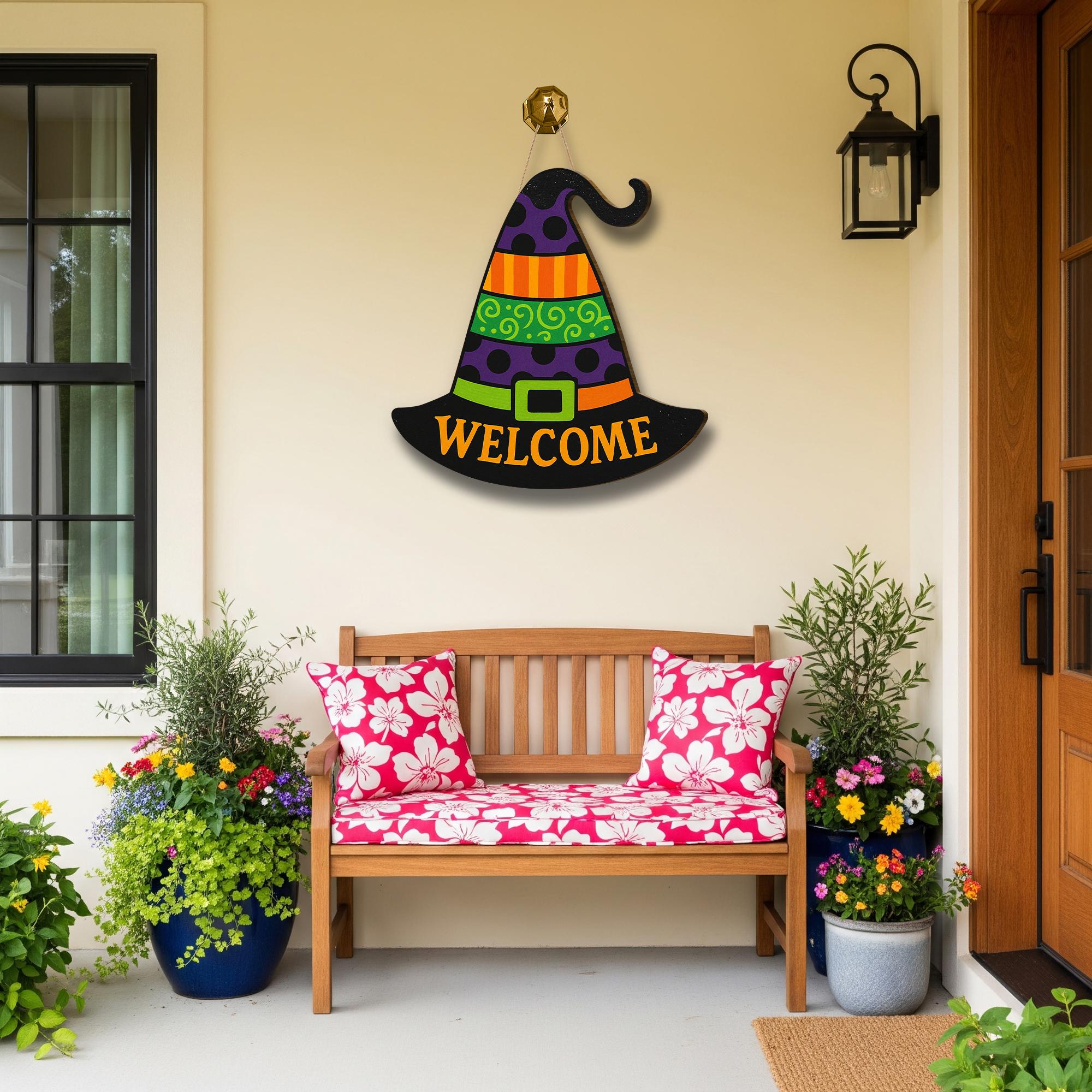 Halloween Witch Hat Door Sign, Wooden Welcome Sign, Colorful Fall Front Door Hanger, Spooky Witch Decor, Halloween Wall Art