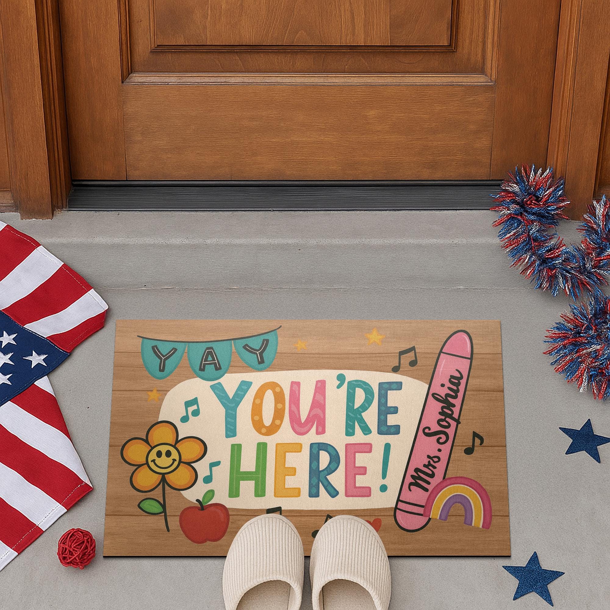 Personalized Teacher Doormat - Yay You're Here Rug - Cute Classroom Welcome Mat with Name - Back to School Gift for Teachers, School Decor