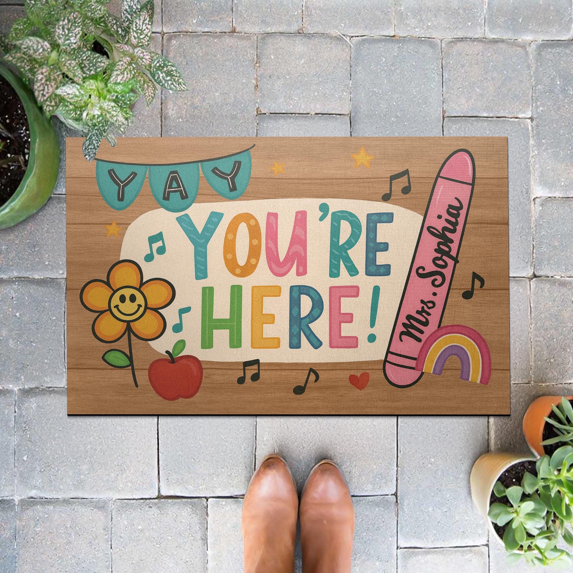 Personalized Teacher Doormat - Yay You're Here Rug - Cute Classroom Welcome Mat with Name - Back to School Gift for Teachers, School Decor