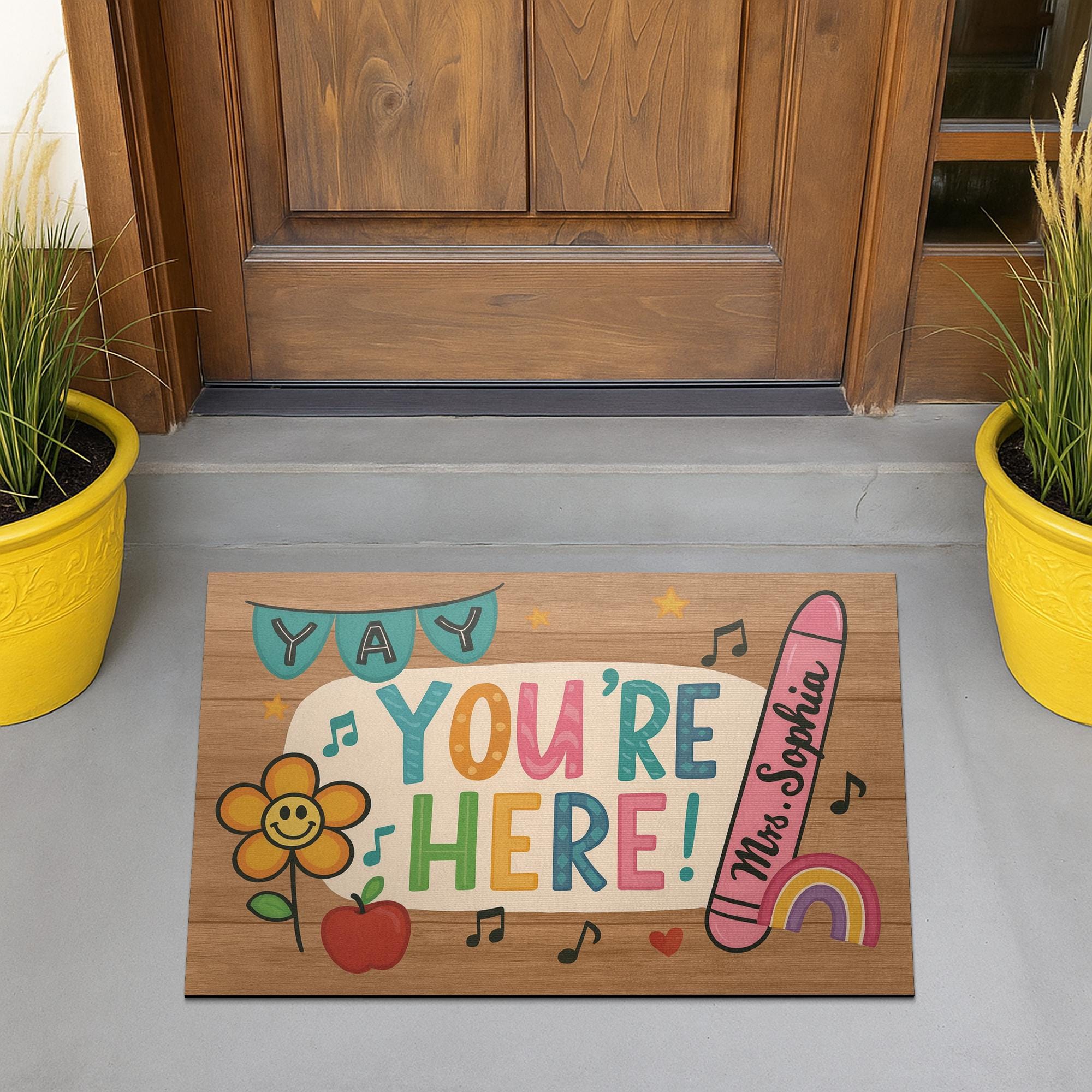 Personalized Teacher Doormat - Yay You're Here Rug - Cute Classroom Welcome Mat with Name - Back to School Gift for Teachers, School Decor