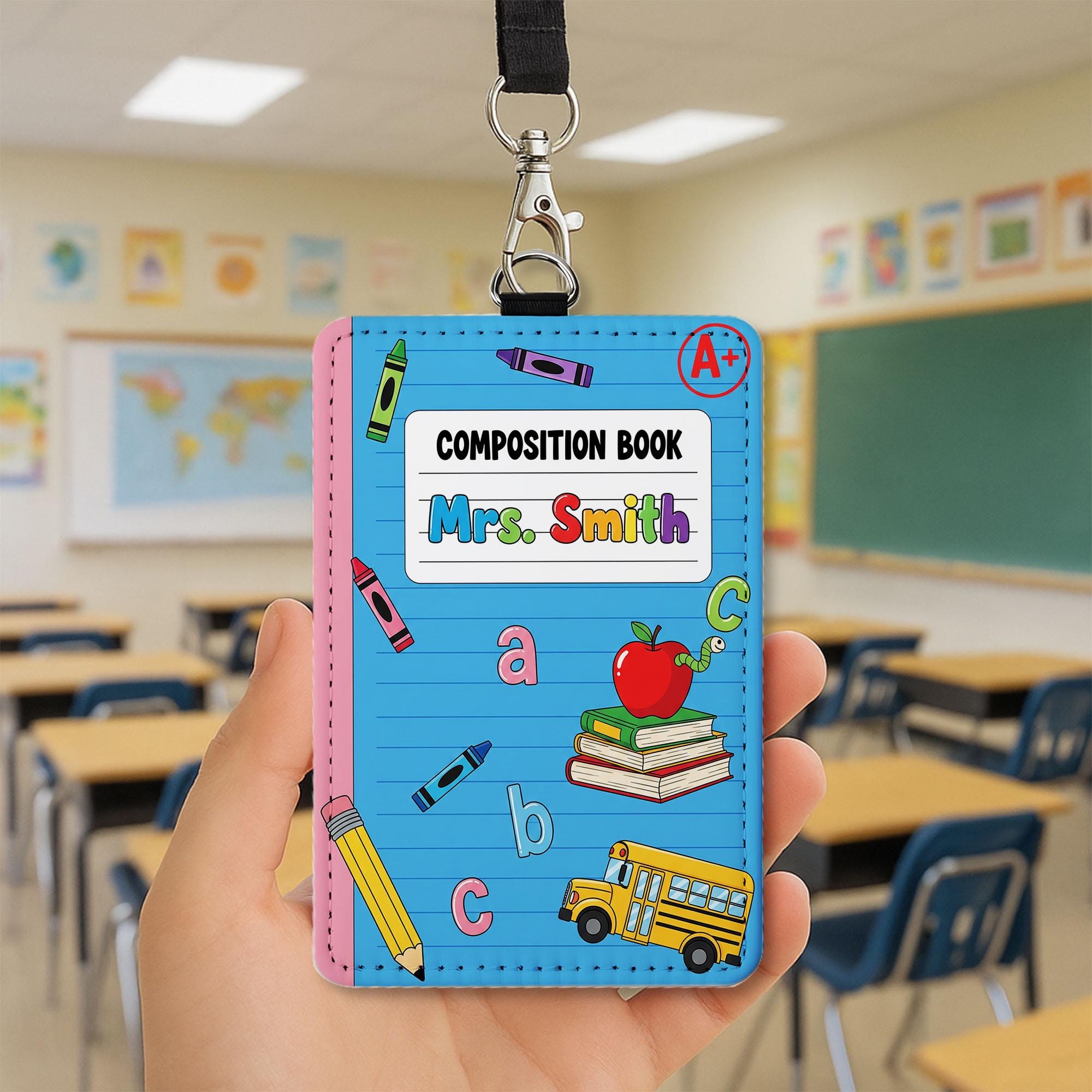 Personalized Teacher Badge Reel Holder - Composition Book ID Card - Cute School Lanyard Accessory with Name for Back to School, Educators
