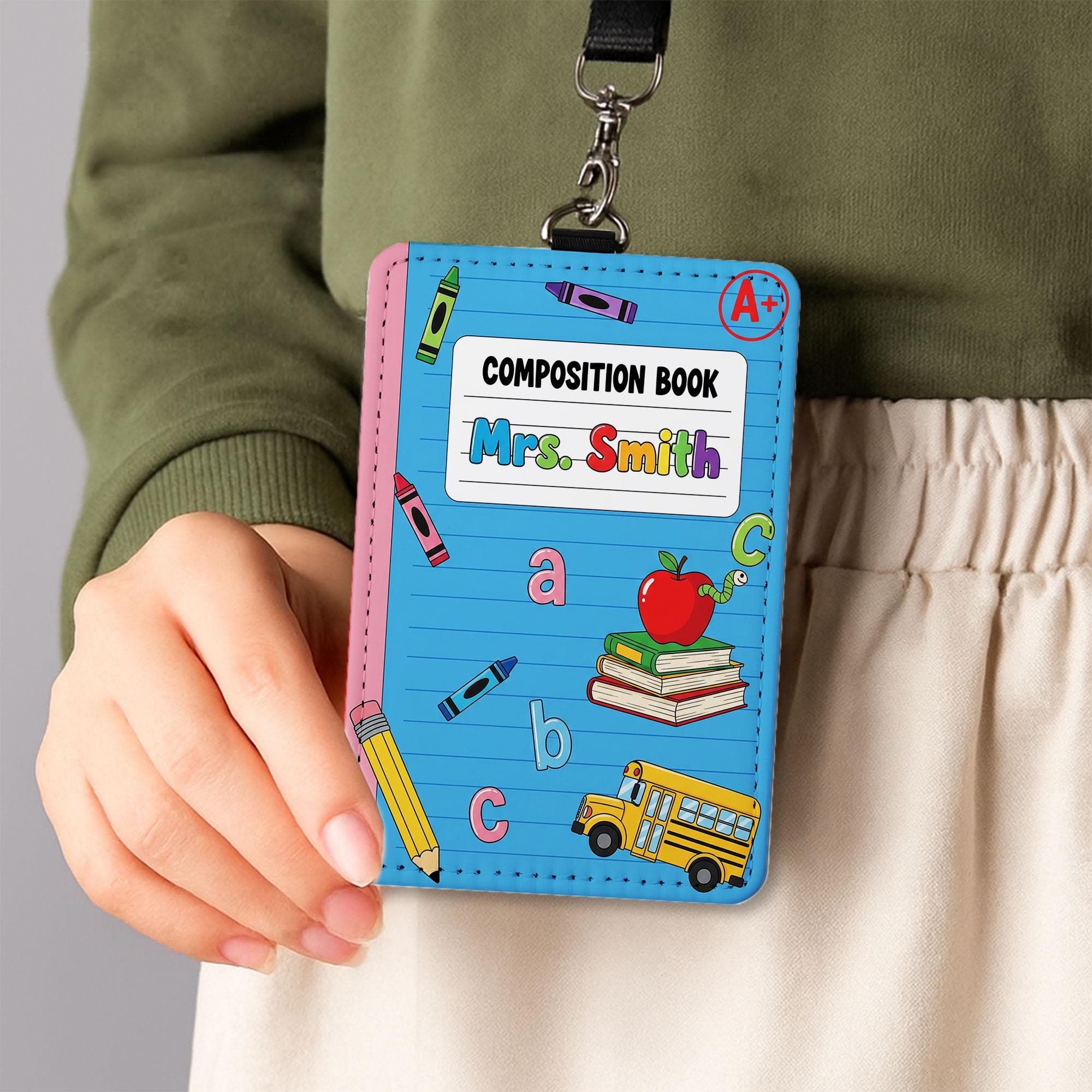 Personalized Teacher Badge Reel Holder - Composition Book ID Card - Cute School Lanyard Accessory with Name for Back to School, Educators