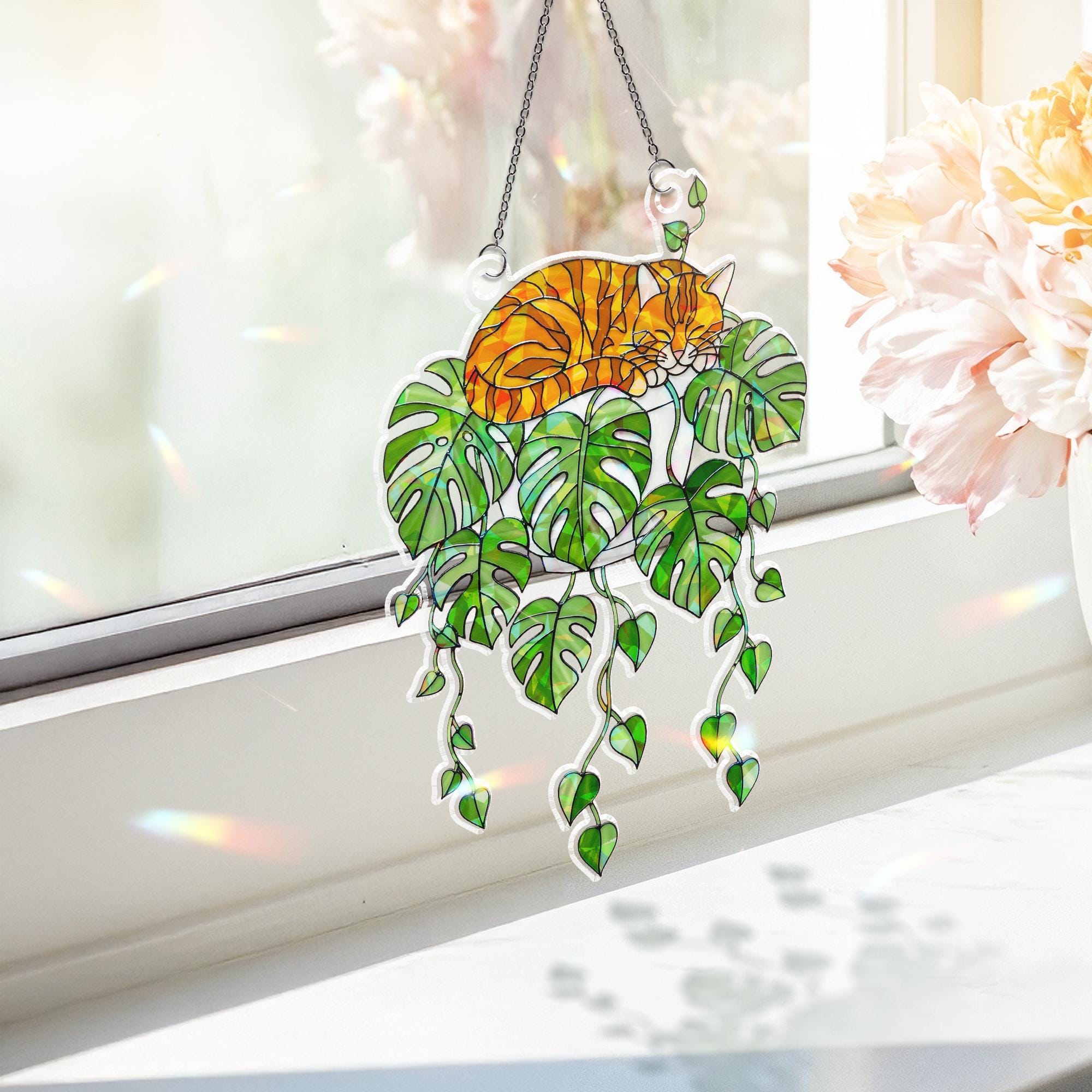 Orange Cat Monstera Suncatcher, Acrylic Hologram Window Decor, Plant Lover Cat Gift, Hanging Cat Jungle Leaf Decoration, Cat Mom Gift