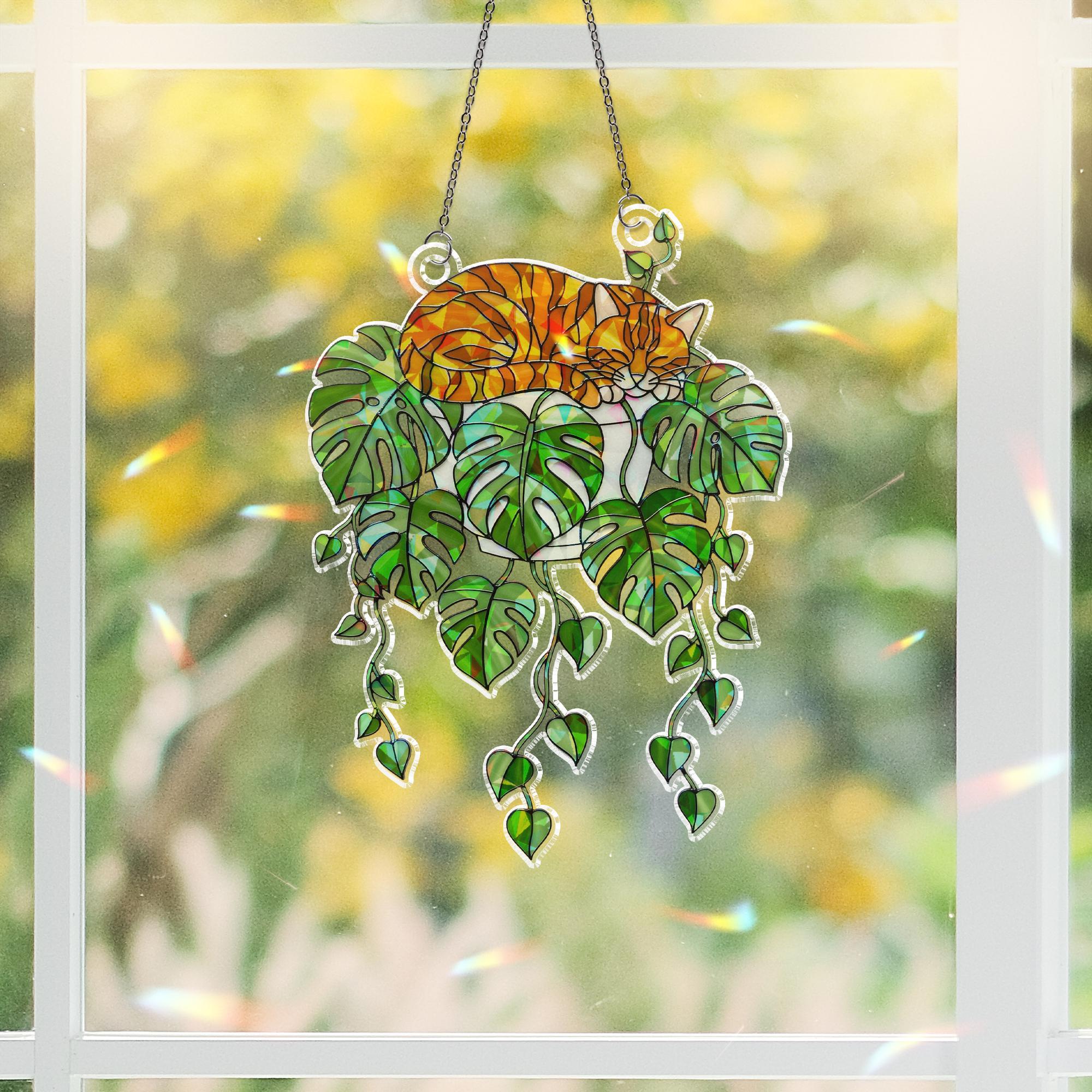 Orange Cat Monstera Suncatcher, Acrylic Hologram Window Decor, Plant Lover Cat Gift, Hanging Cat Jungle Leaf Decoration, Cat Mom Gift