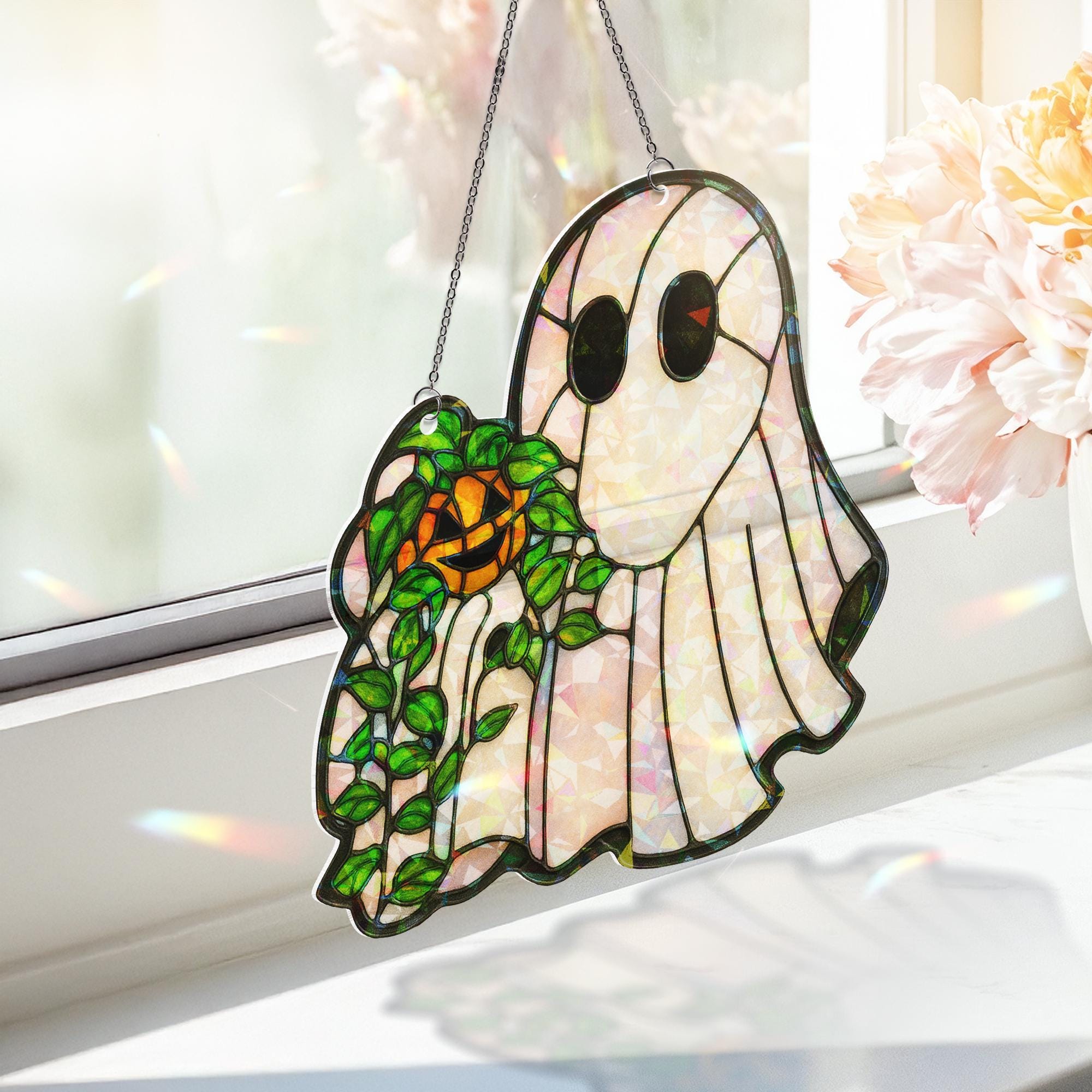 Holographic Ghost Suncatcher – Faux Stained Glass Halloween Window Decor – Cute Acrylic Pumpkin Spirit Sun Catcher – Spooky Cottagecore Gift