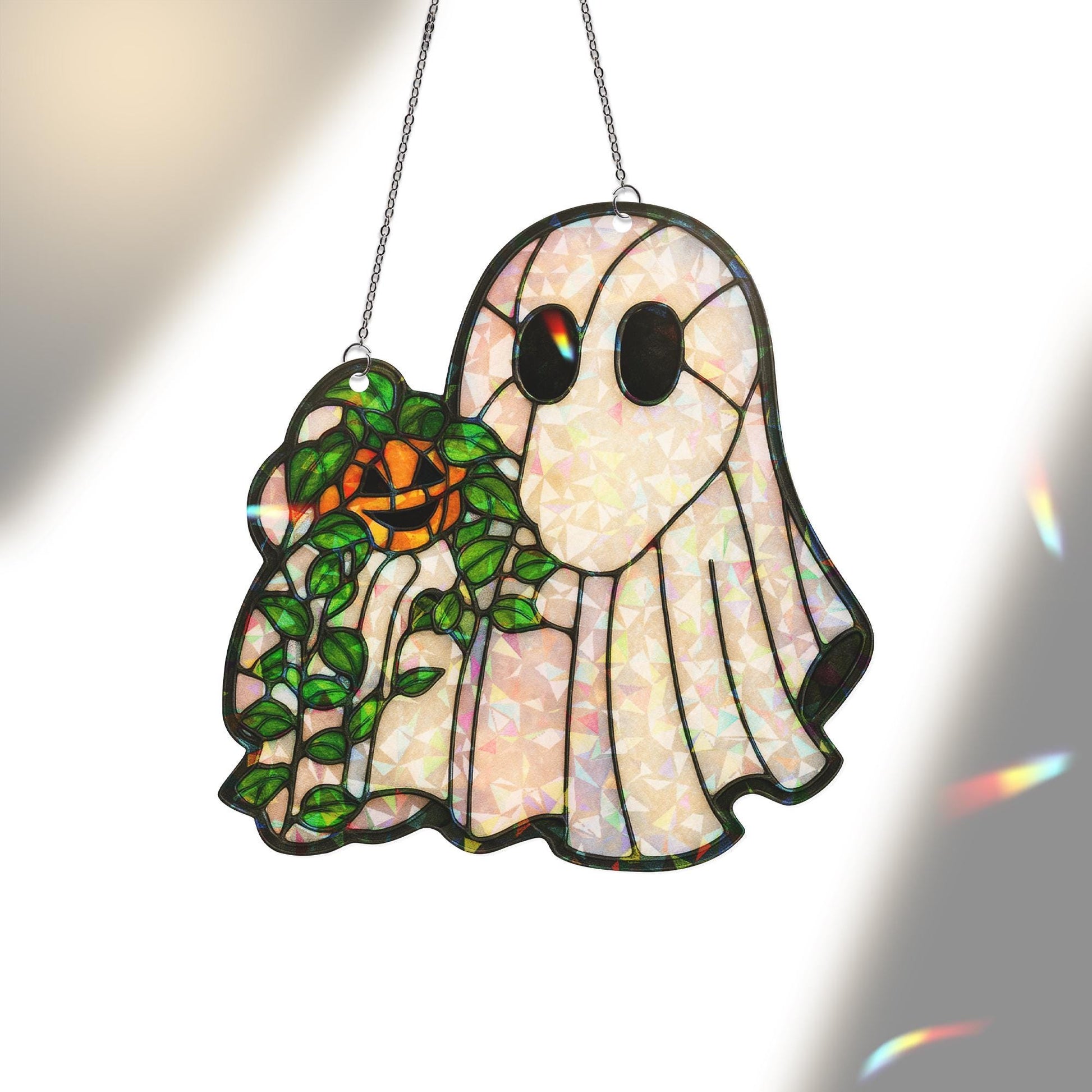 Holographic Ghost Suncatcher – Faux Stained Glass Halloween Window Decor – Cute Acrylic Pumpkin Spirit Sun Catcher – Spooky Cottagecore Gift