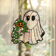 Holographic Ghost Suncatcher – Faux Stained Glass Halloween Window Decor – Cute Acrylic Pumpkin Spirit Sun Catcher – Spooky Cottagecore Gift