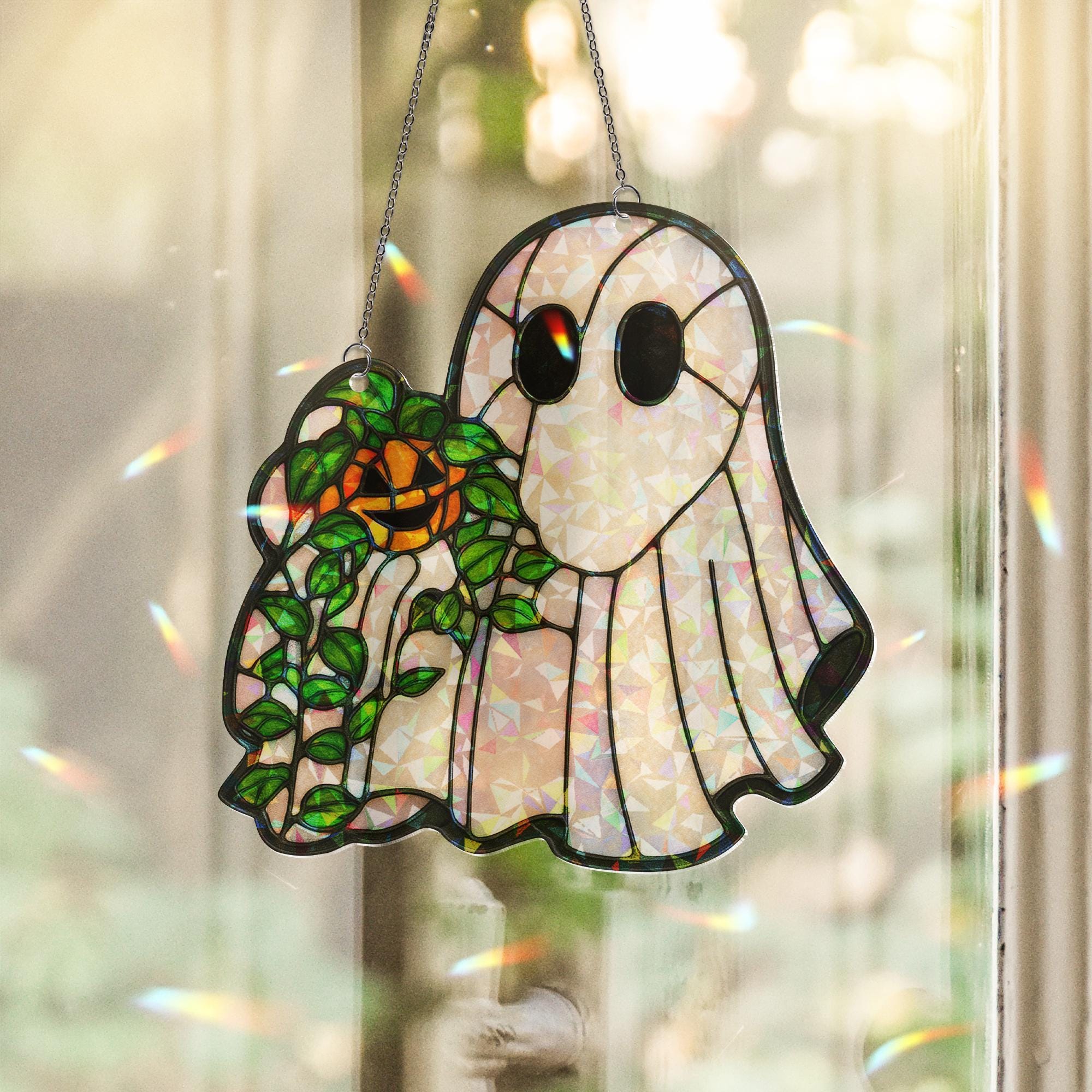 Holographic Ghost Suncatcher – Faux Stained Glass Halloween Window Decor – Cute Acrylic Pumpkin Spirit Sun Catcher – Spooky Cottagecore Gift