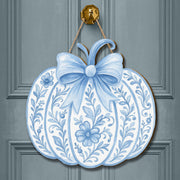 Chinoiserie Pumpkin Door Sign – Blue and White Fall Decor – Elegant Autumn Hanging Sign with Bow – Front Door Porch Decor for Thanksgiving