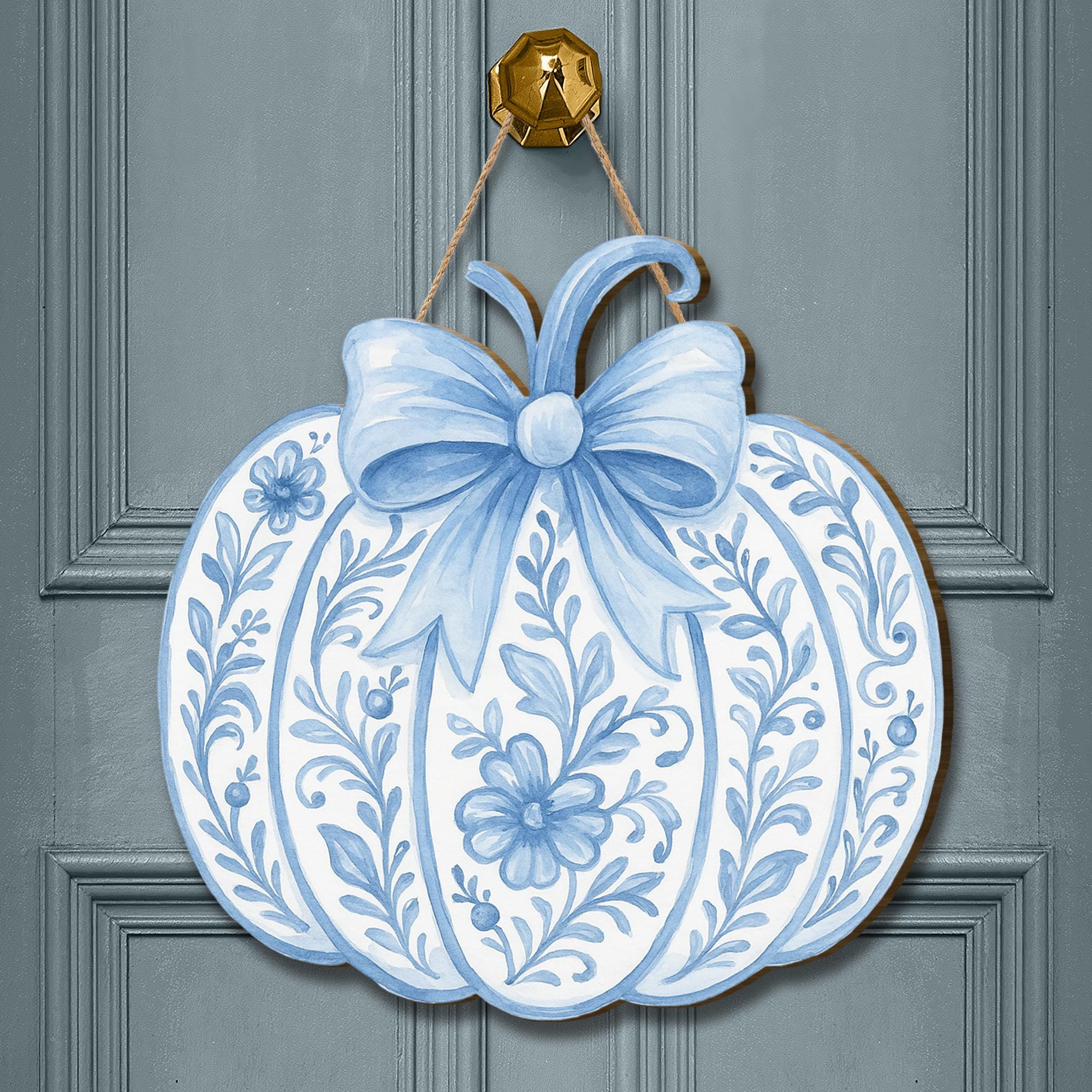 Chinoiserie Pumpkin Door Sign – Blue and White Fall Decor – Elegant Autumn Hanging Sign with Bow – Front Door Porch Decor for Thanksgiving