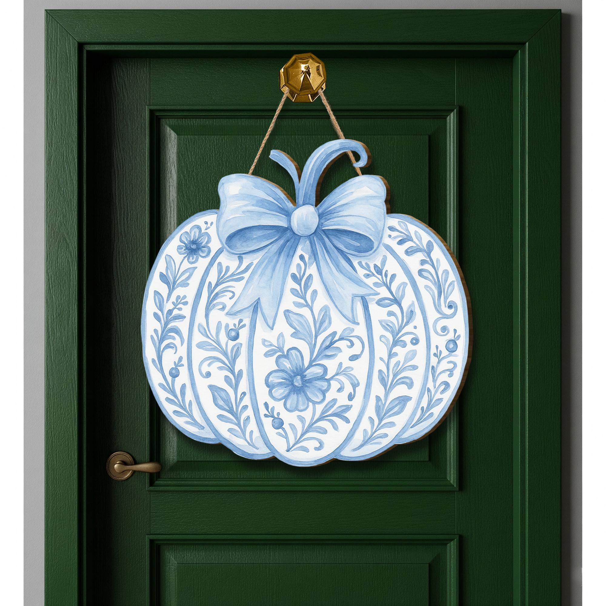 Chinoiserie Pumpkin Door Sign – Blue and White Fall Decor – Elegant Autumn Hanging Sign with Bow – Front Door Porch Decor for Thanksgiving