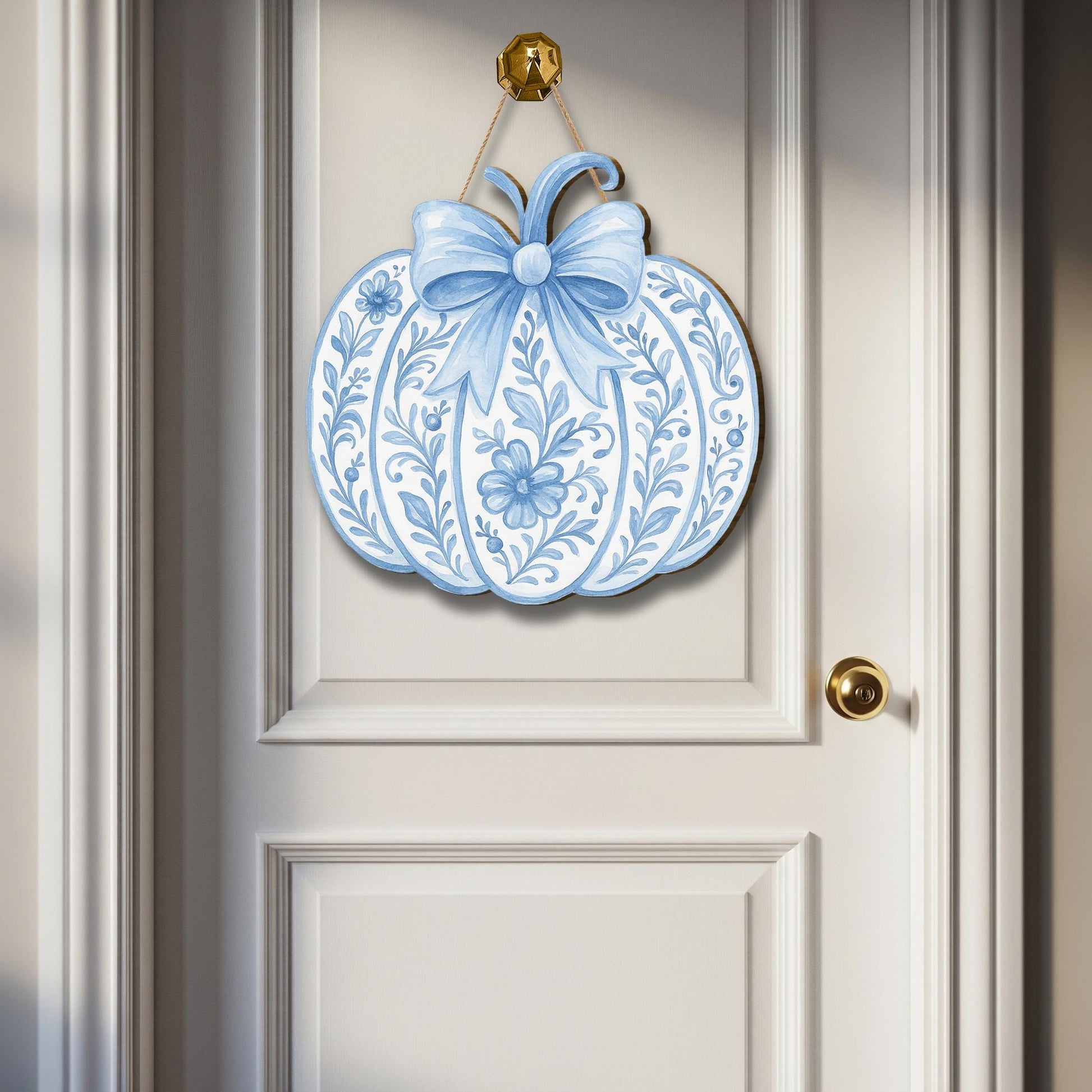 Chinoiserie Pumpkin Door Sign – Blue and White Fall Decor – Elegant Autumn Hanging Sign with Bow – Front Door Porch Decor for Thanksgiving