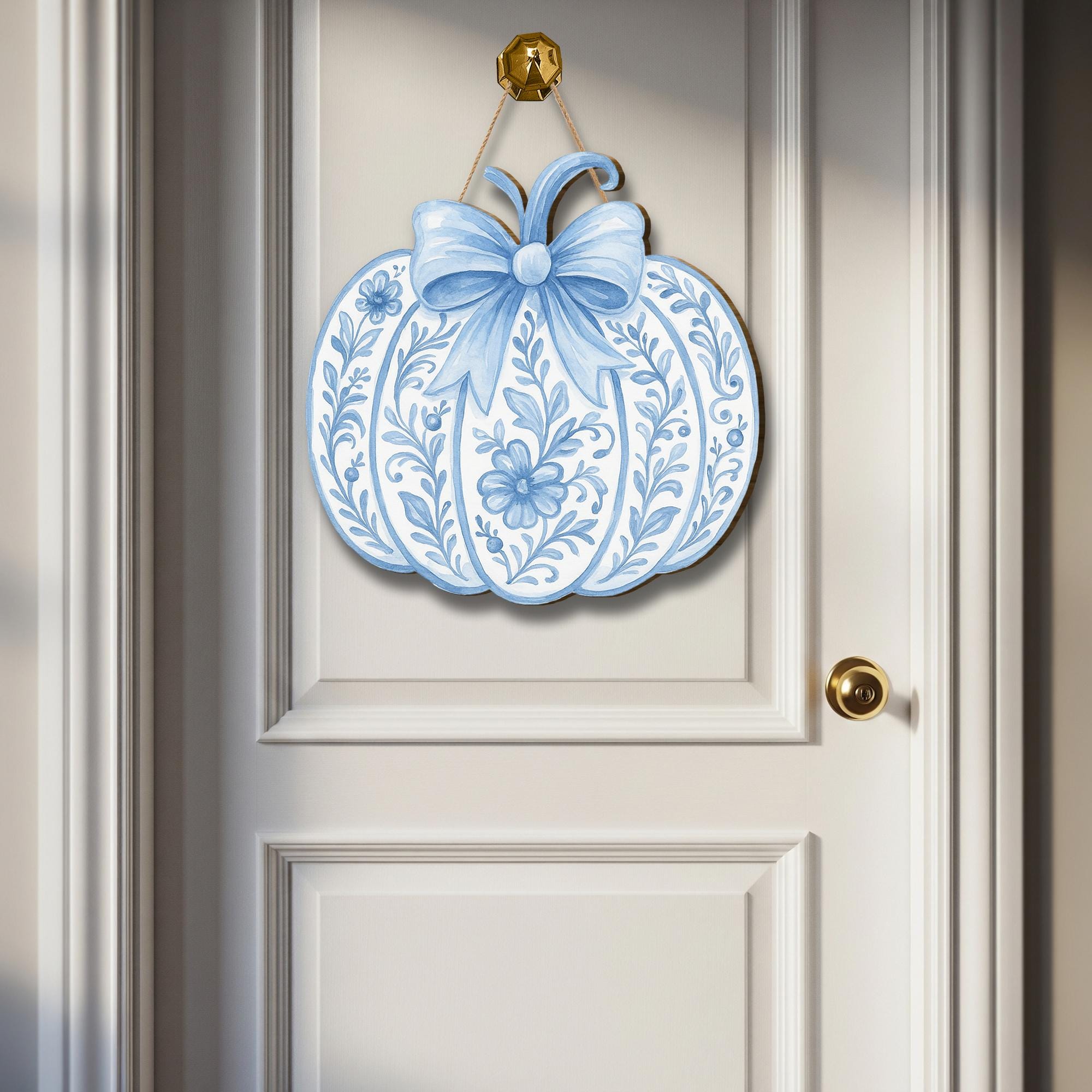 Chinoiserie Pumpkin Door Sign – Blue and White Fall Decor – Elegant Autumn Hanging Sign with Bow – Front Door Porch Decor for Thanksgiving