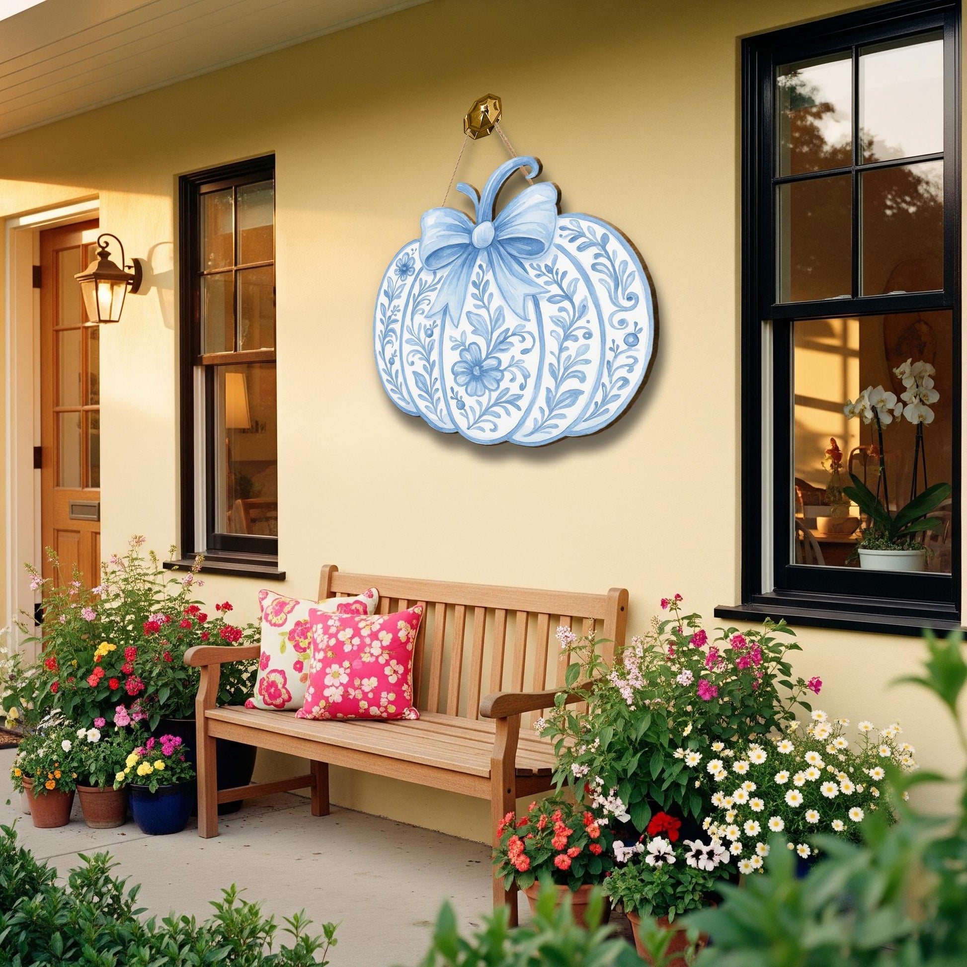 Chinoiserie Pumpkin Door Sign – Blue and White Fall Decor – Elegant Autumn Hanging Sign with Bow – Front Door Porch Decor for Thanksgiving