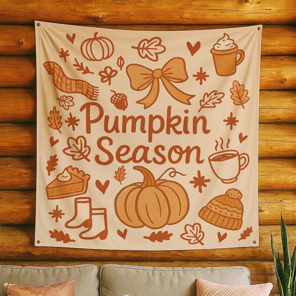 Pumpkin Season Fall Tapestry – Autumn Wall Hanging Home Decor, Outdoor Autumn Season Decor, Rustic Tent Theme Backdrop