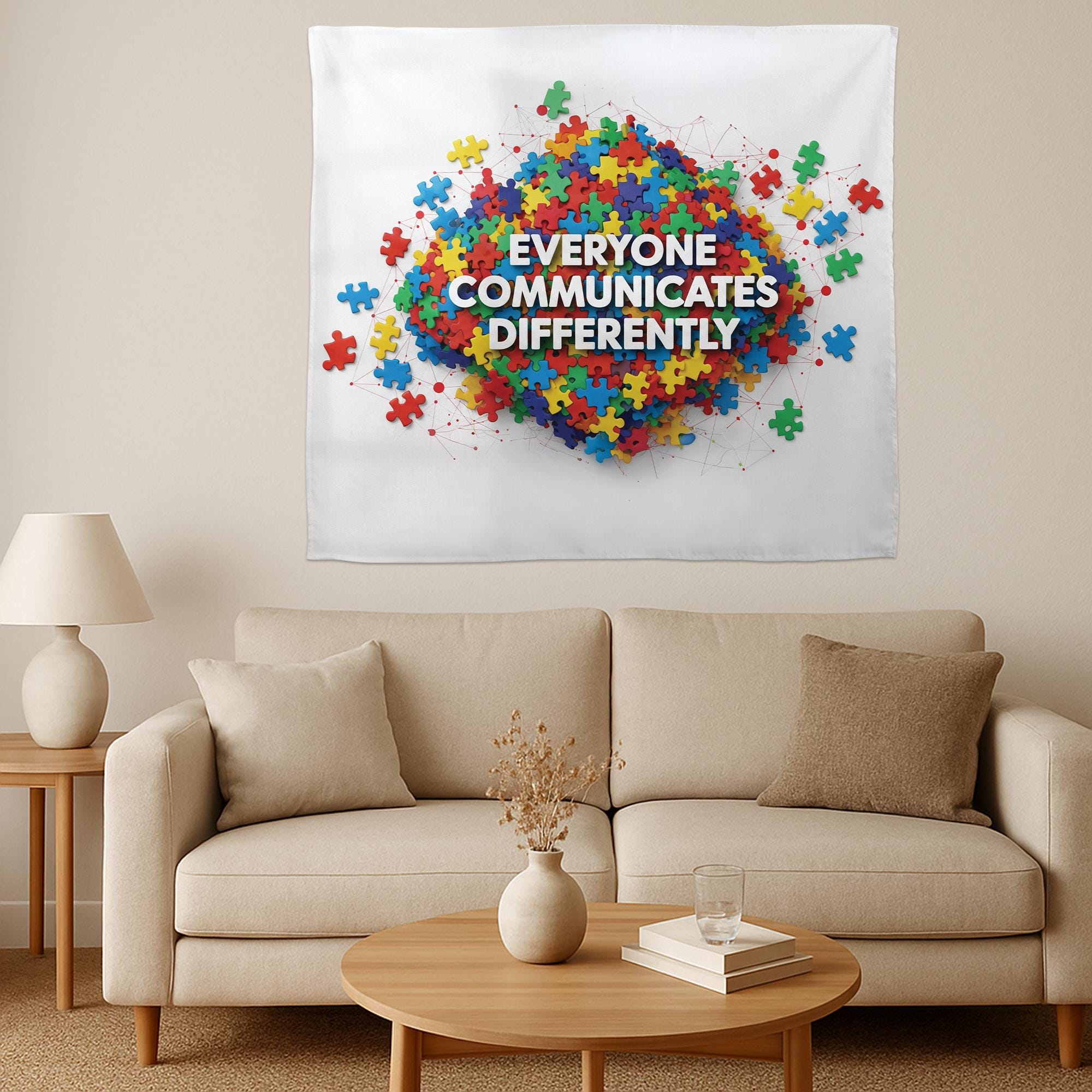 Everyone Communicates Differently Tapestry – Puzzle Piece Classroom Wall Decor, Neurodiversity Inclusive Banner for Teachers and Schools