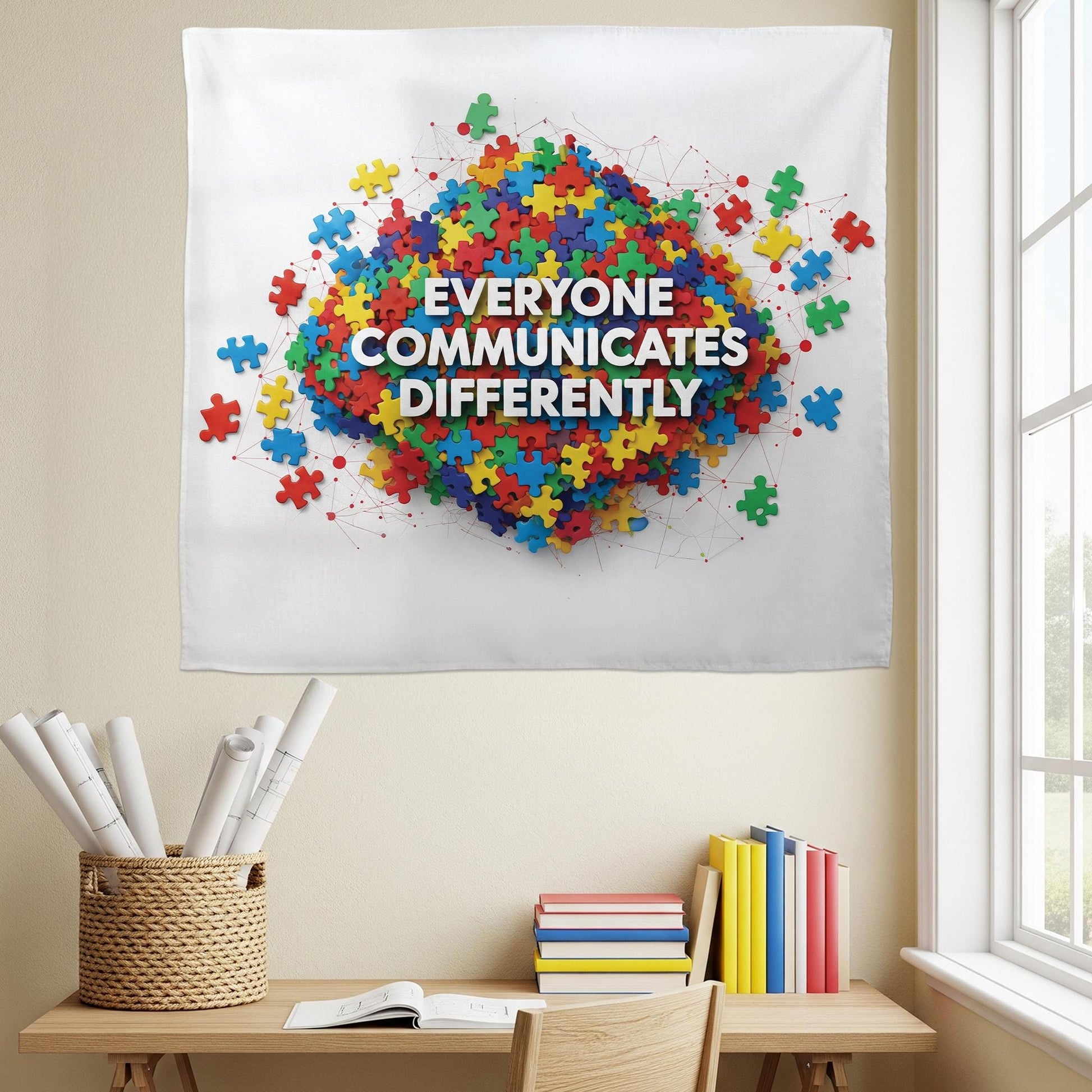 Everyone Communicates Differently Tapestry – Puzzle Piece Classroom Wall Decor, Neurodiversity Inclusive Banner for Teachers and Schools