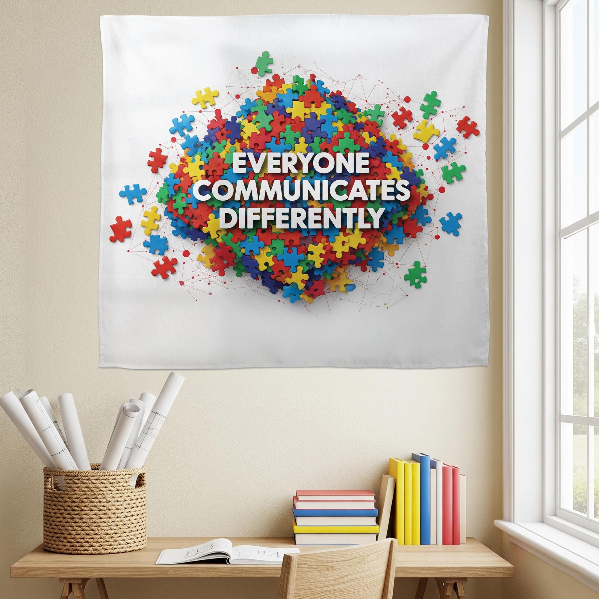 Everyone Communicates Differently Tapestry – Puzzle Piece Classroom Wall Decor, Neurodiversity Inclusive Banner for Teachers and Schools