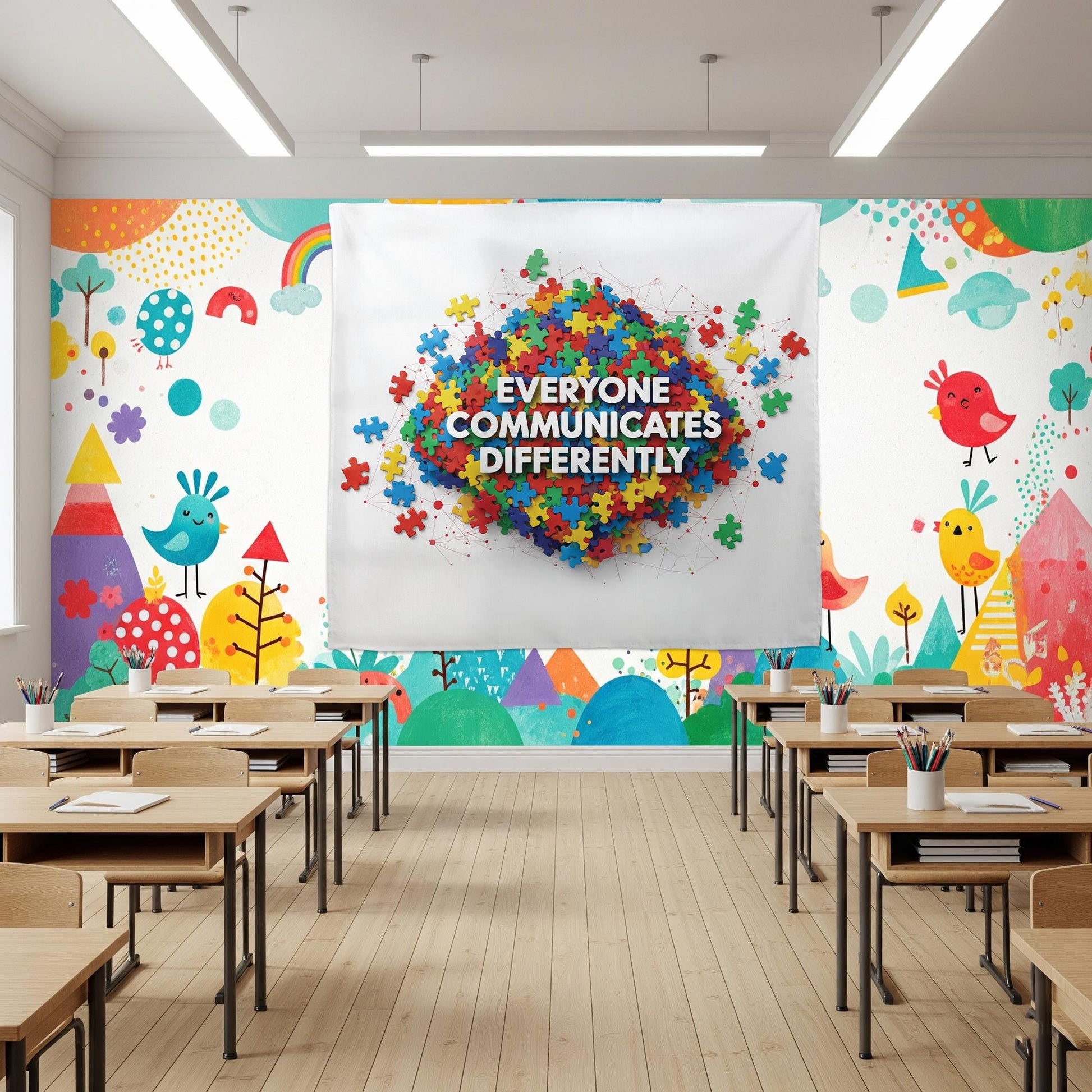 Everyone Communicates Differently Tapestry – Puzzle Piece Classroom Wall Decor, Neurodiversity Inclusive Banner for Teachers and Schools