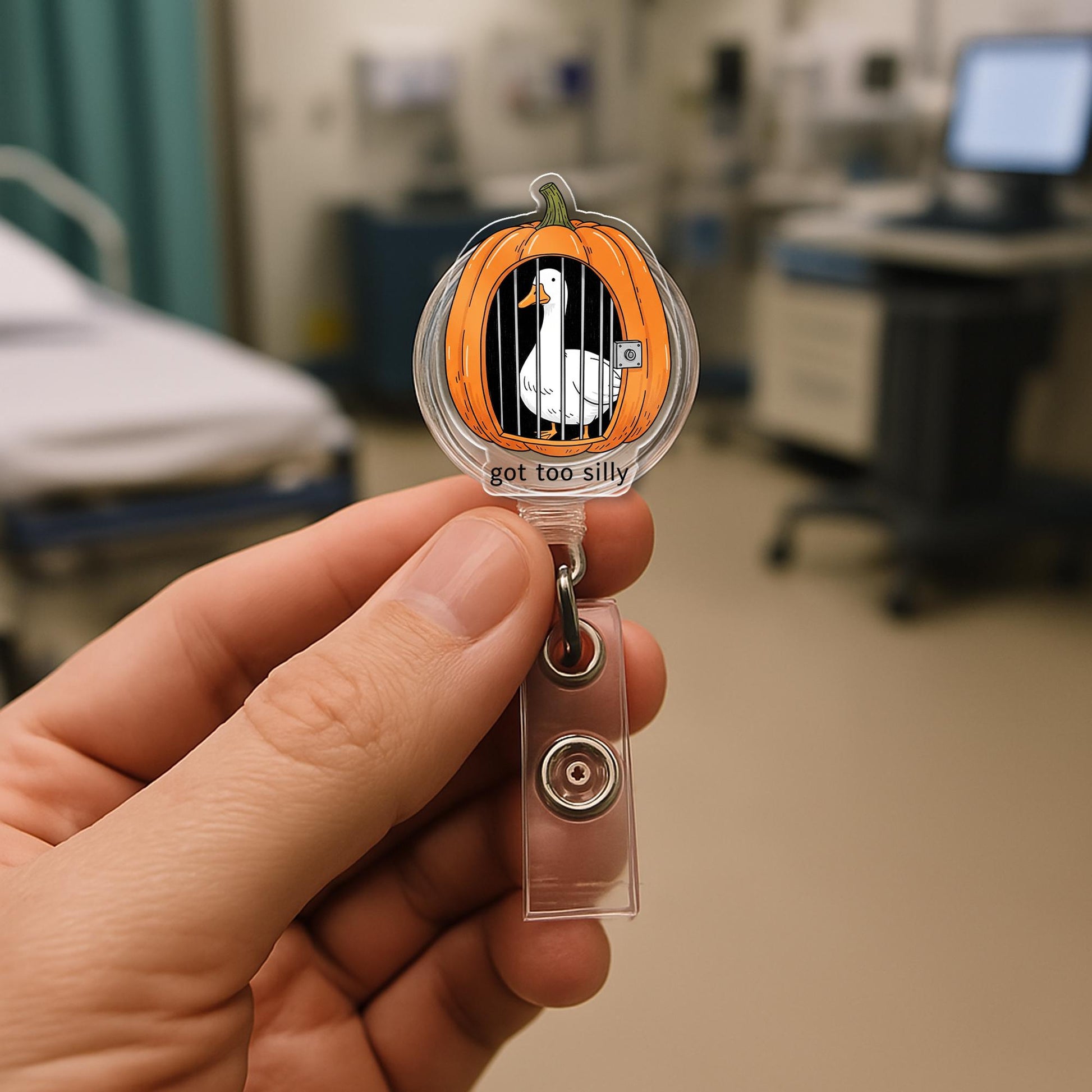 Funny Pumpkin Goose Badge Reel – “Got Too Silly” Halloween ID Holder, Cute Retractable Clip for Nurses, Teachers, Office Fall Accessory