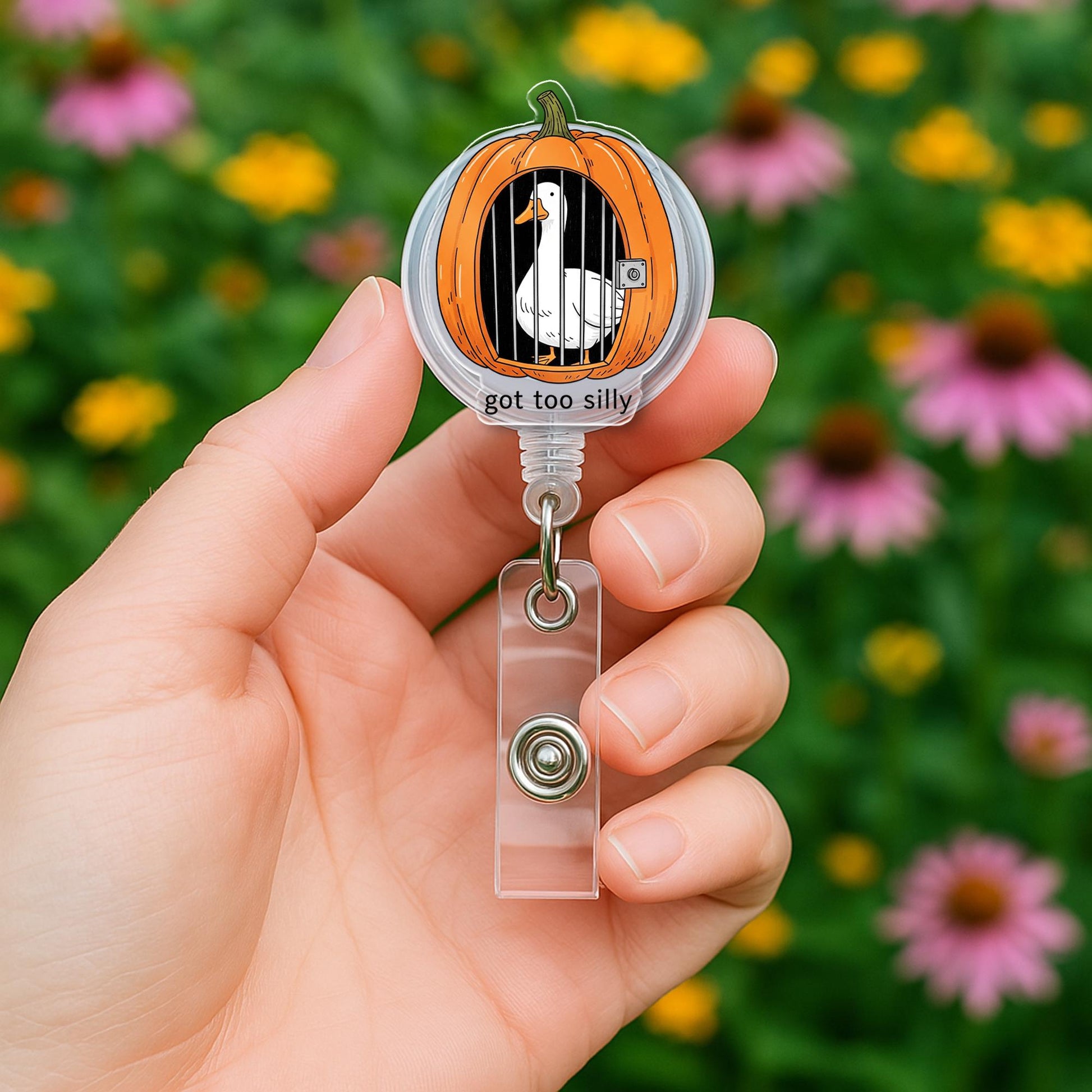 Funny Pumpkin Goose Badge Reel – “Got Too Silly” Halloween ID Holder, Cute Retractable Clip for Nurses, Teachers, Office Fall Accessory