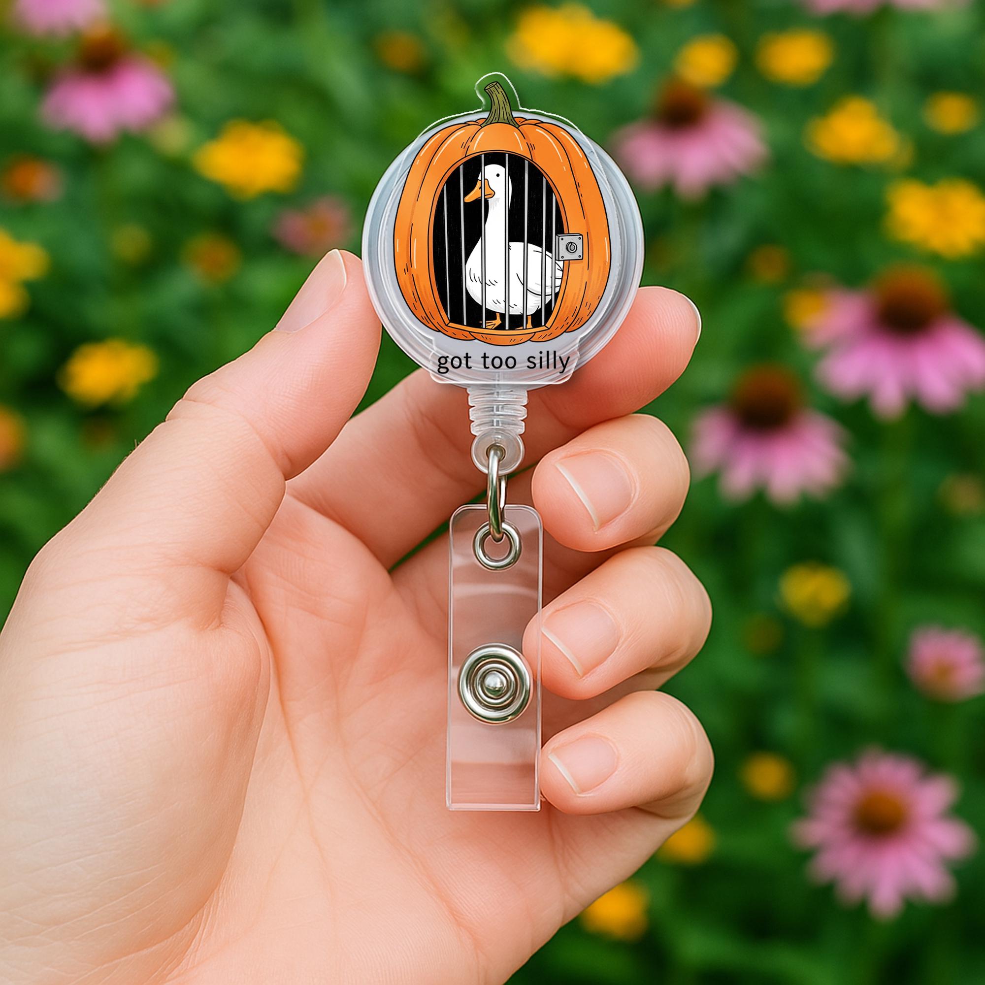 Funny Pumpkin Goose Badge Reel – “Got Too Silly” Halloween ID Holder, Cute Retractable Clip for Nurses, Teachers, Office Fall Accessory