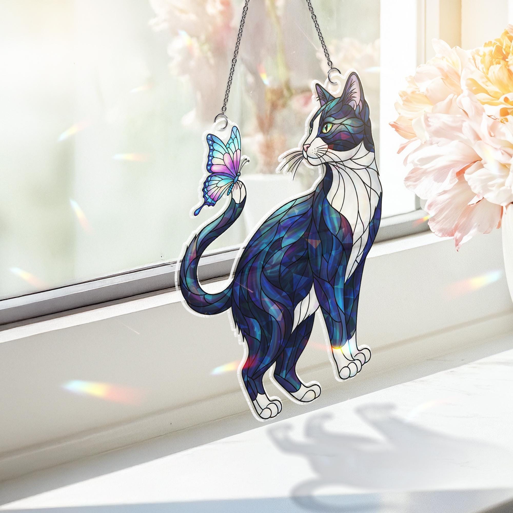 Tuxedo Cat and Butterfly Suncatcher – Holographic Stained Glass Window Hanging, Whimsical Kitty Decor, Cat Lover Gift for Home or Garden